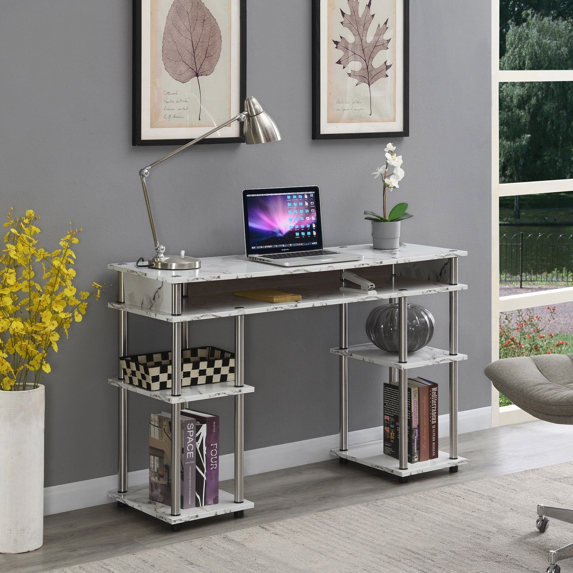 48" White Marble and Wood Student Desk with Shelves