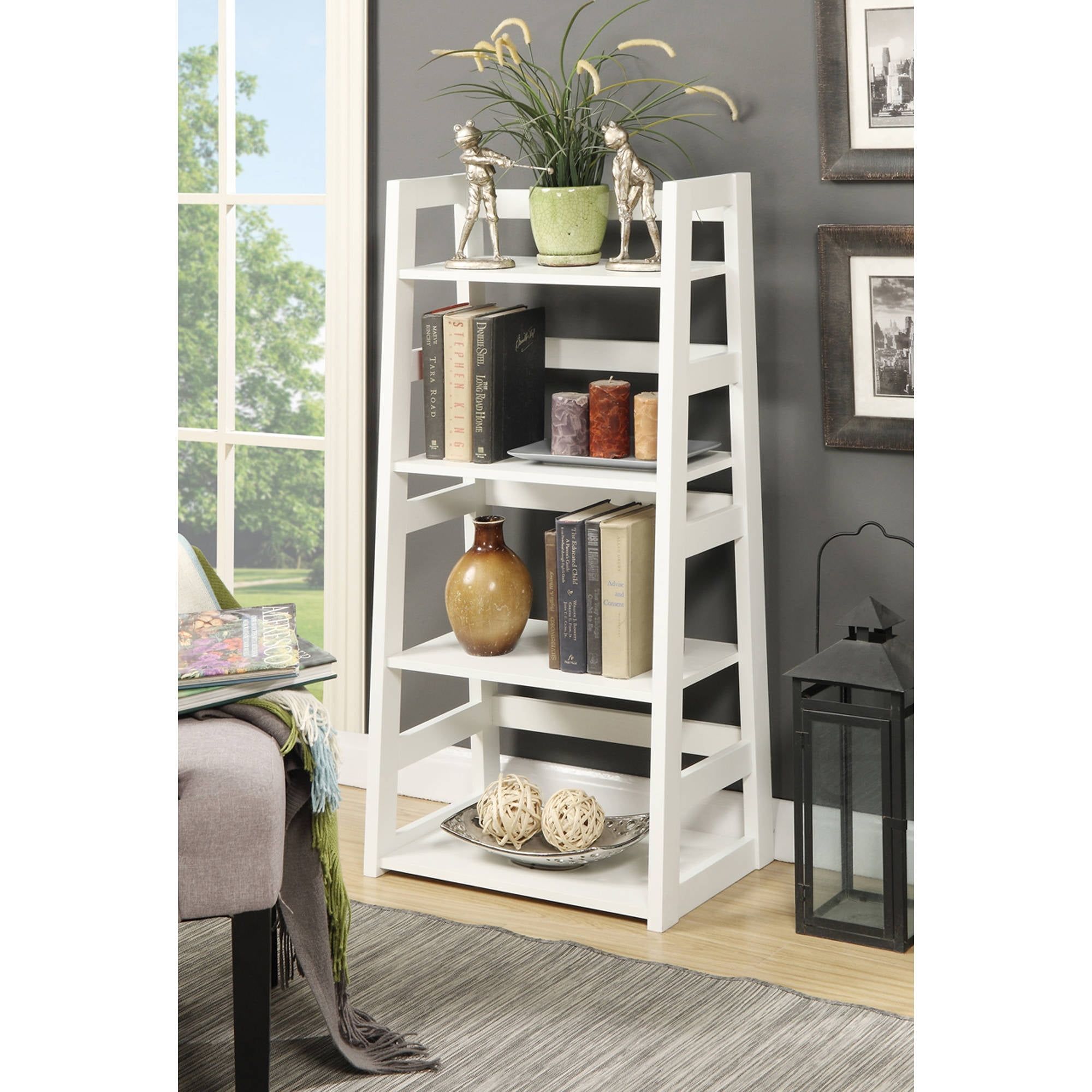 White 4-Tier Modern Trestle Bookcase with Open Shelves