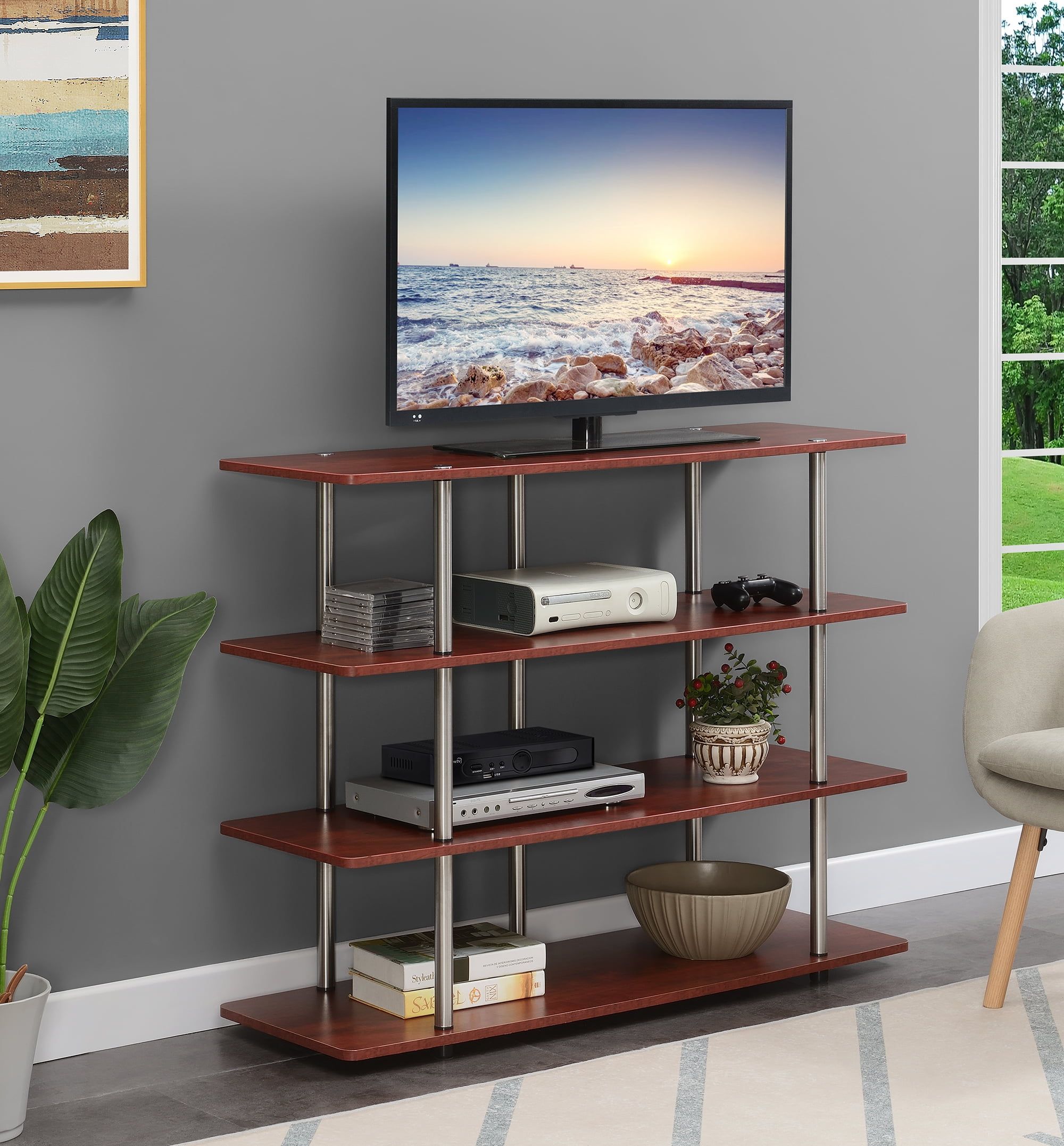 Cherry Woodgrain 48" 4-Tier TV Stand with Stainless Steel Poles