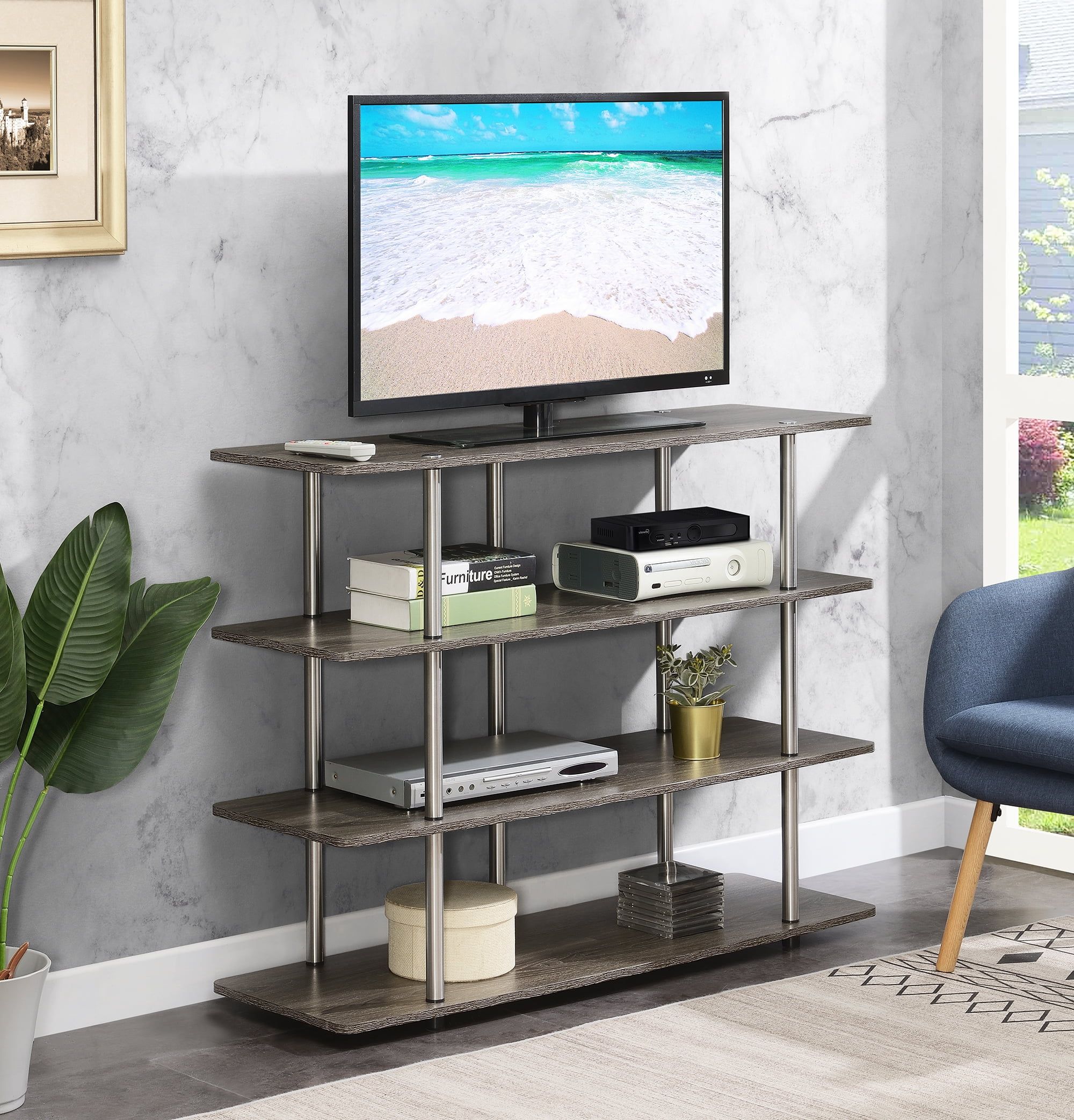 Weathered Gray 48" Particleboard and Stainless Steel 4-Tier TV Stand