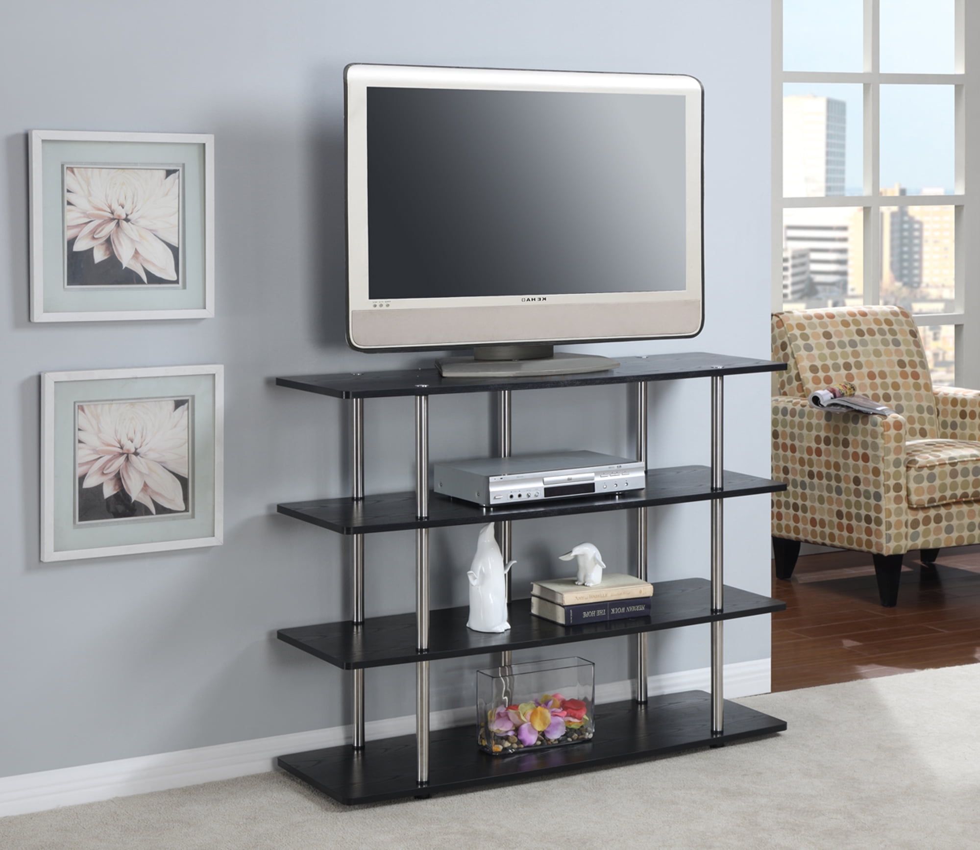 Designs2Go Highboy XL Black TV Stand with 4-Tier Shelving