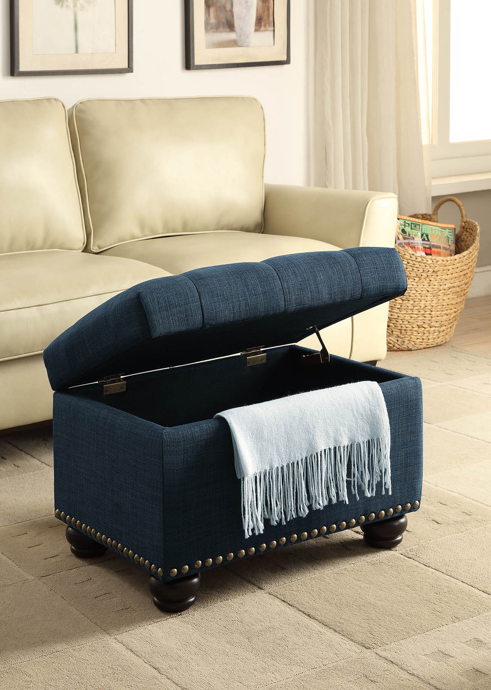 Elegant Dark Blue Tufted Storage Ottoman with Antique Nailhead Trim