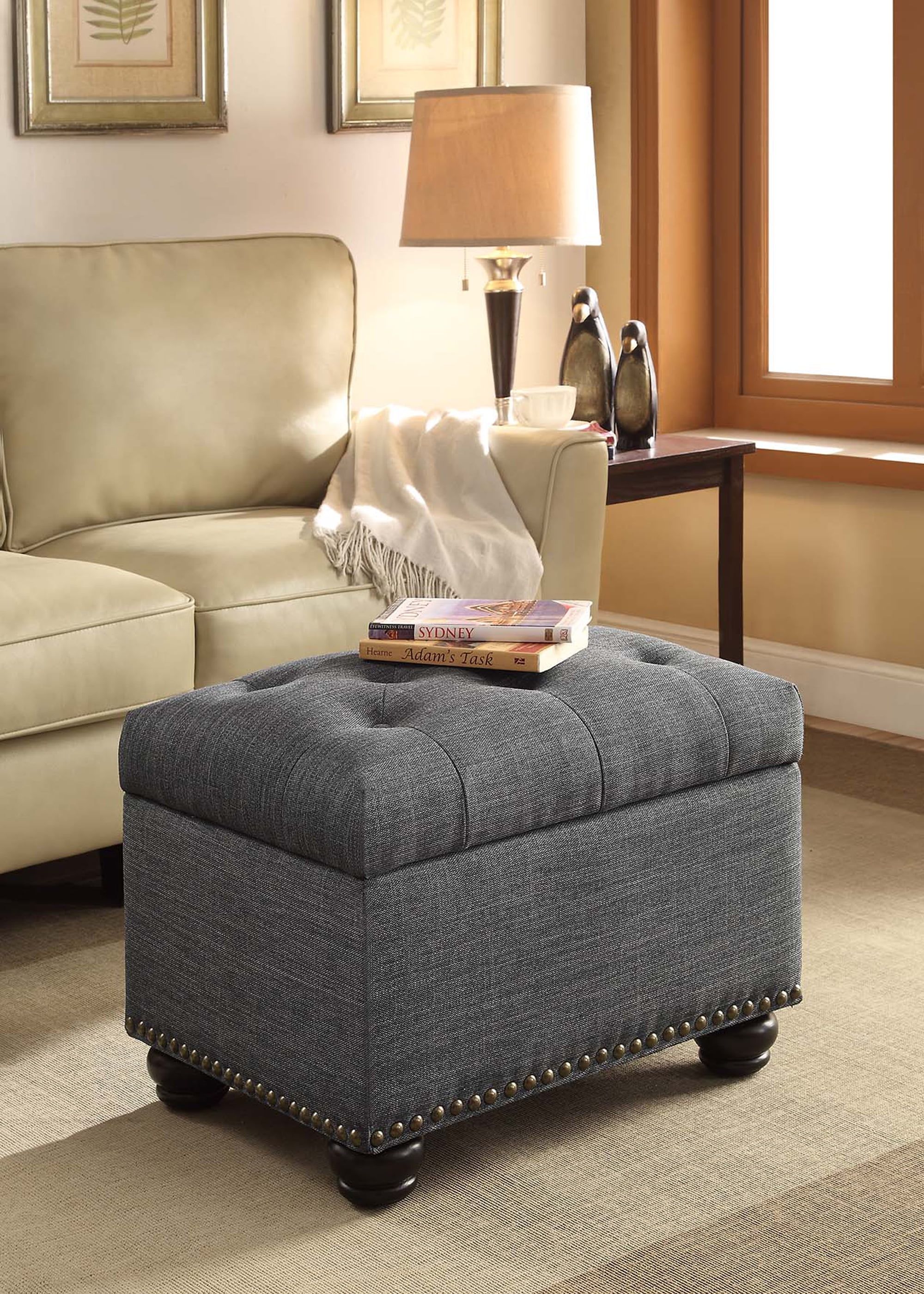 Elegant Charcoal Gray 24" Button-Tufted Storage Ottoman