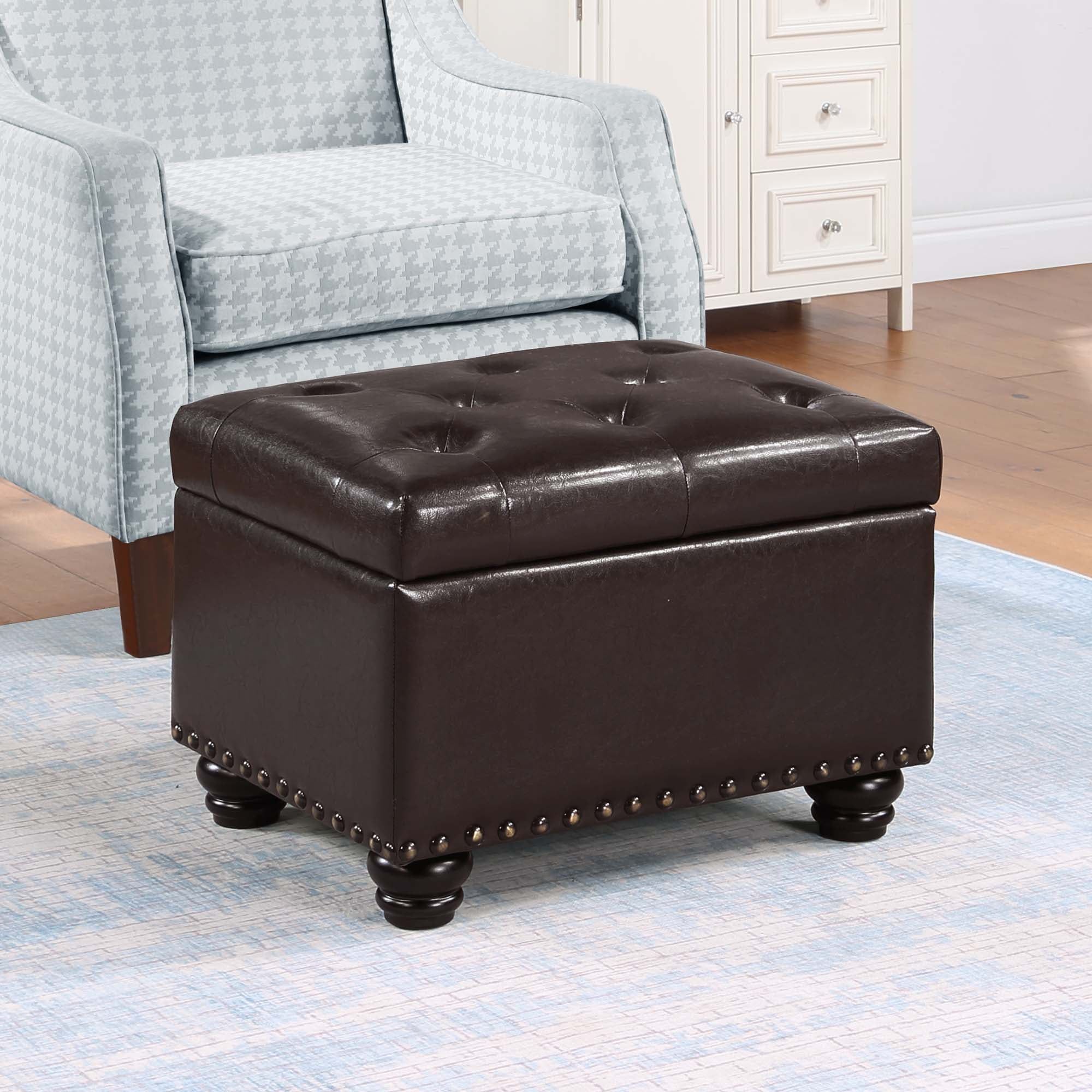 Espresso Faux Leather Tufted Storage Ottoman with Nailhead Trim