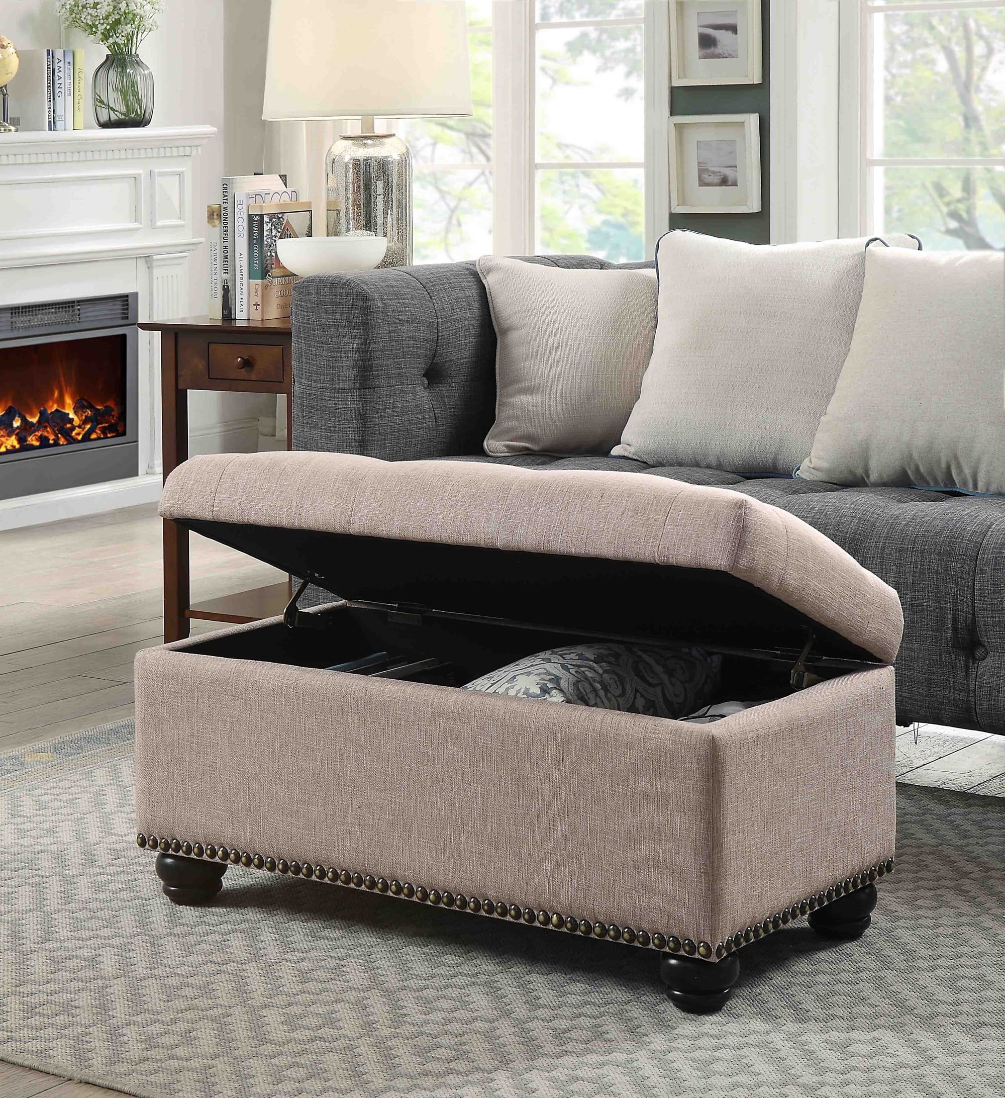 Tan Tufted Fabric Storage Ottoman with Nailhead Trim