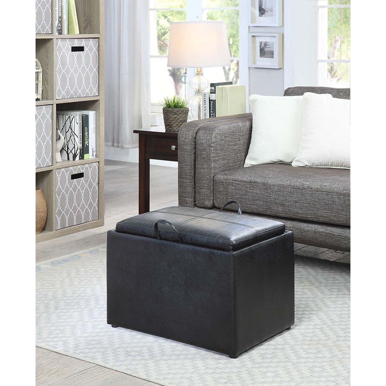 Versatile Black Faux Leather Storage Ottoman with Serving Tray