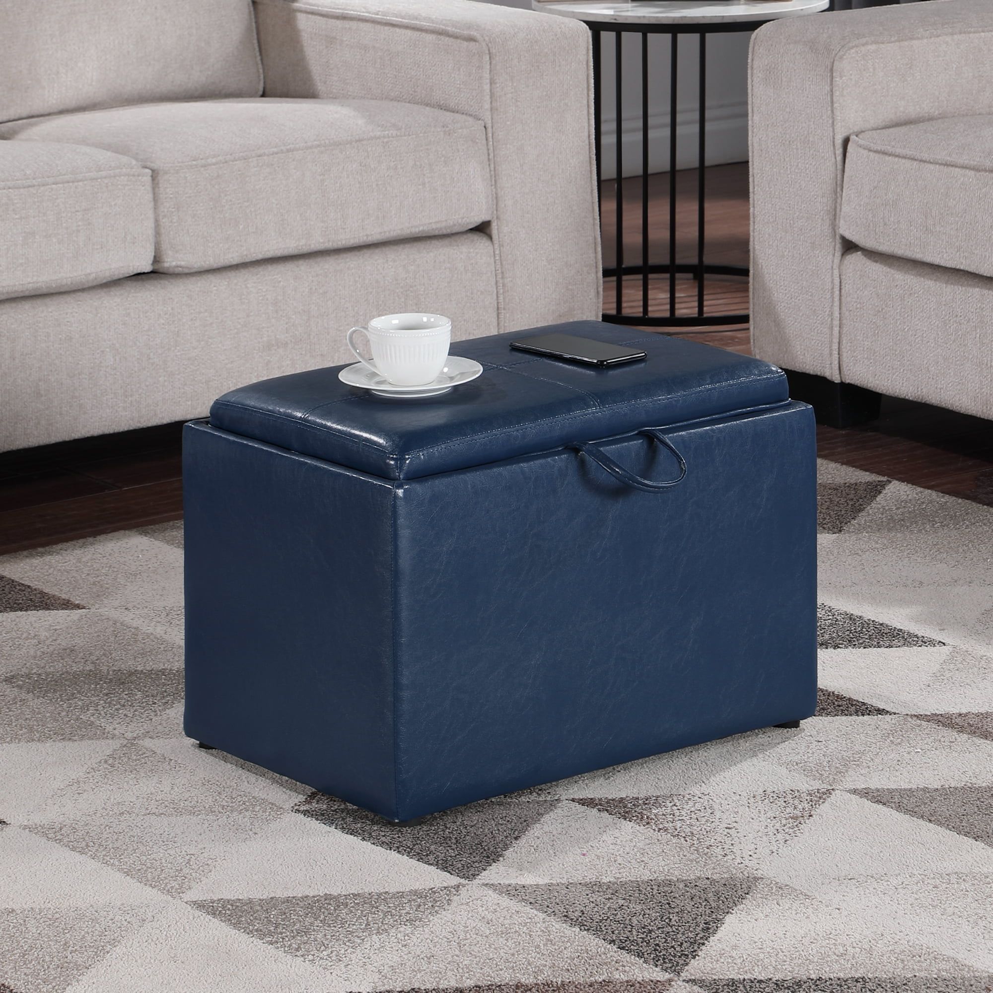 Blue Tufted Faux Leather Storage Ottoman with Tray