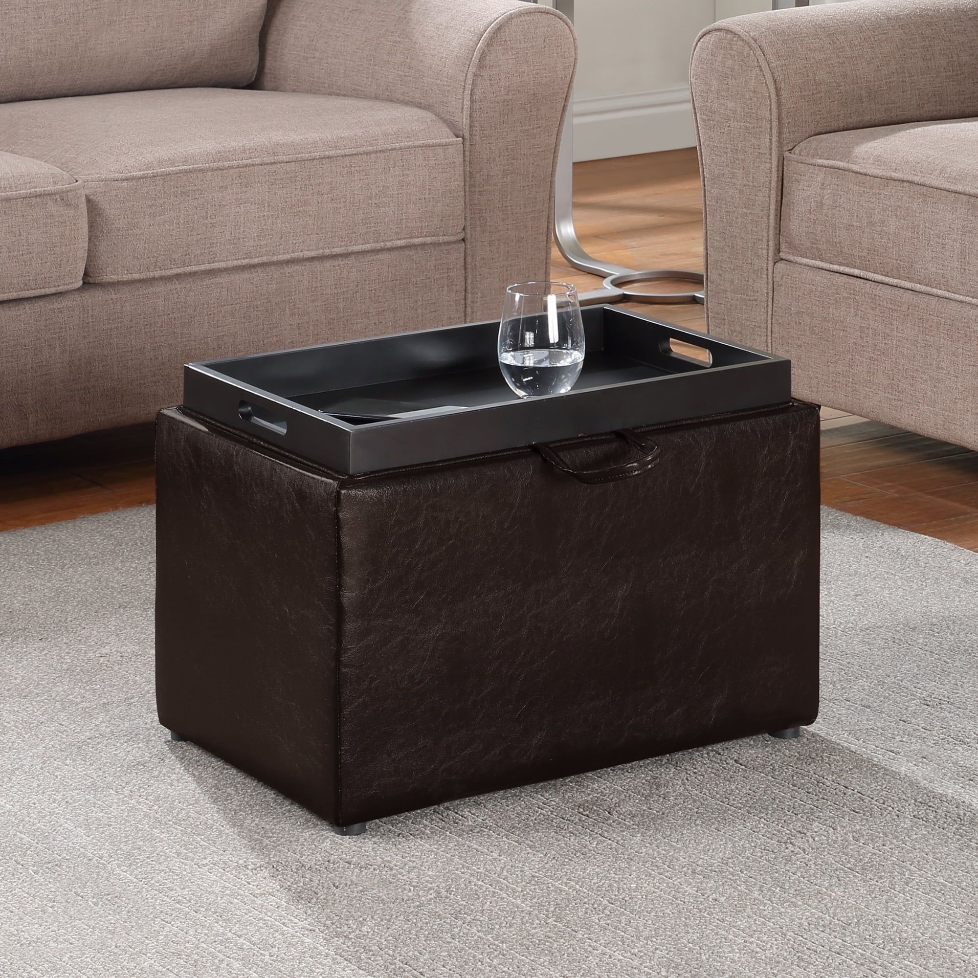 Espresso Faux Leather Versatile Storage Ottoman with Tray