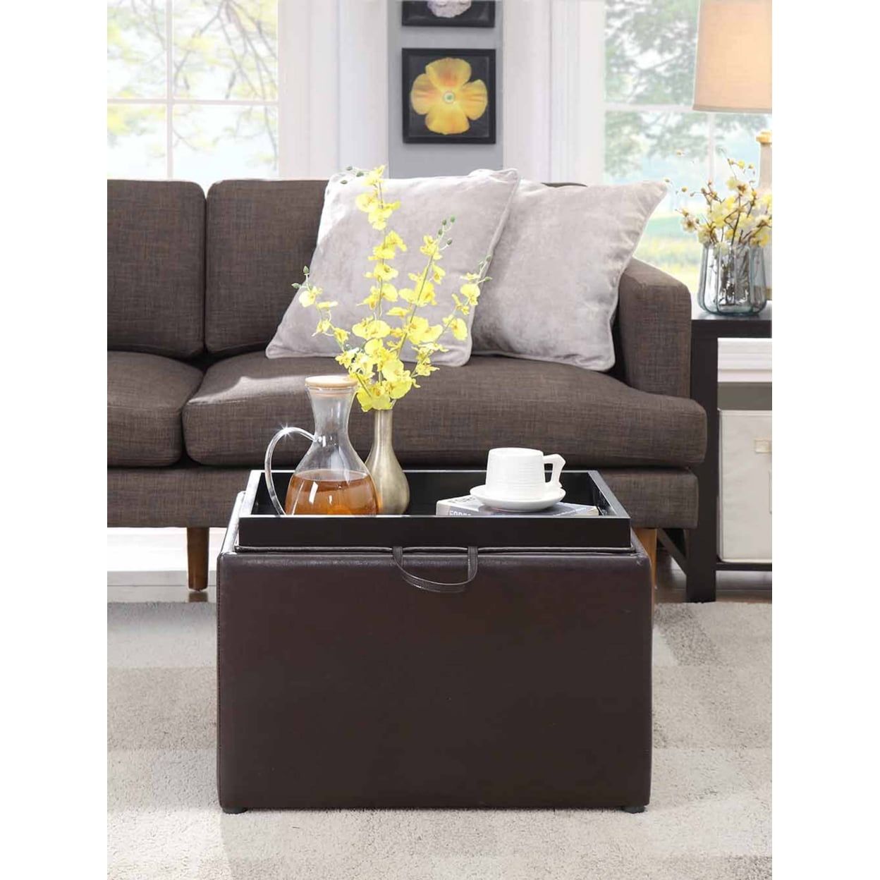 Espresso Faux Leather Versatile Storage Ottoman with Tray