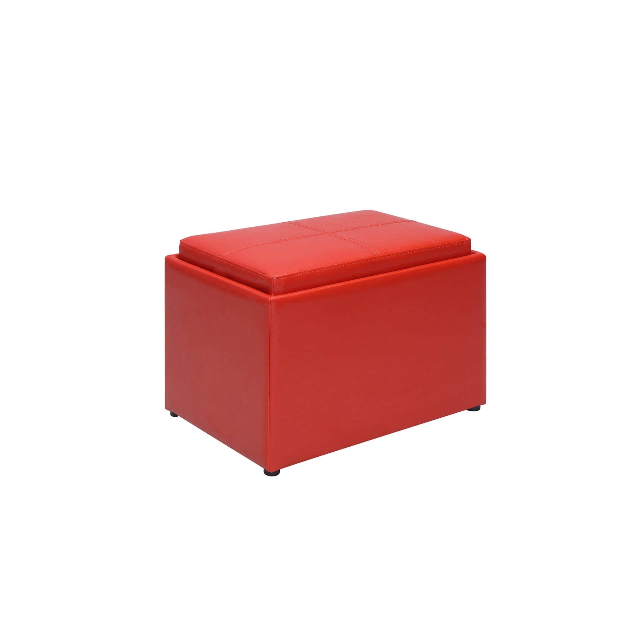 Versatile Bright Red Faux Leather Ottoman with Reversible Tray