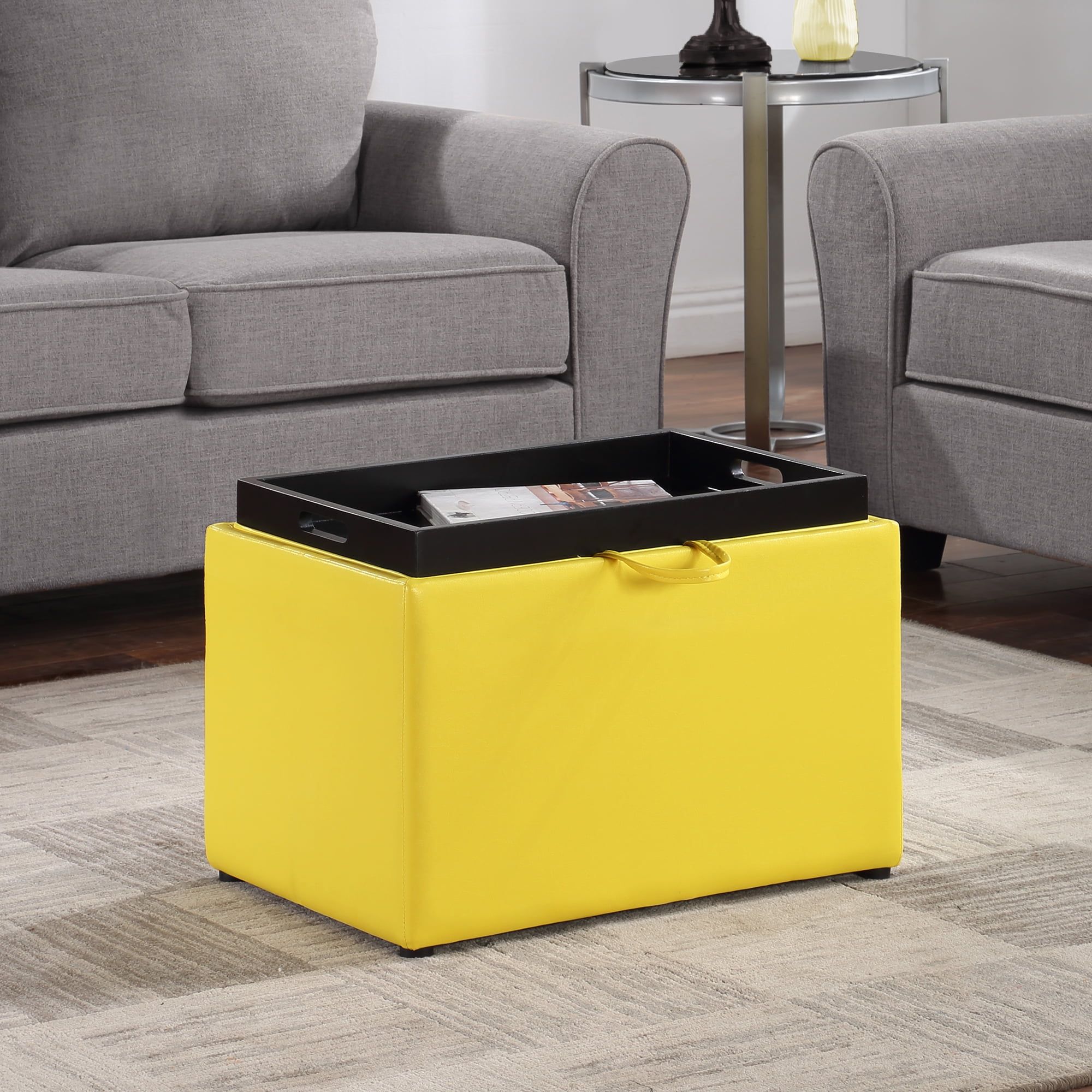 Modern Yellow Faux Leather Accent Storage Ottoman with Reversible Tray