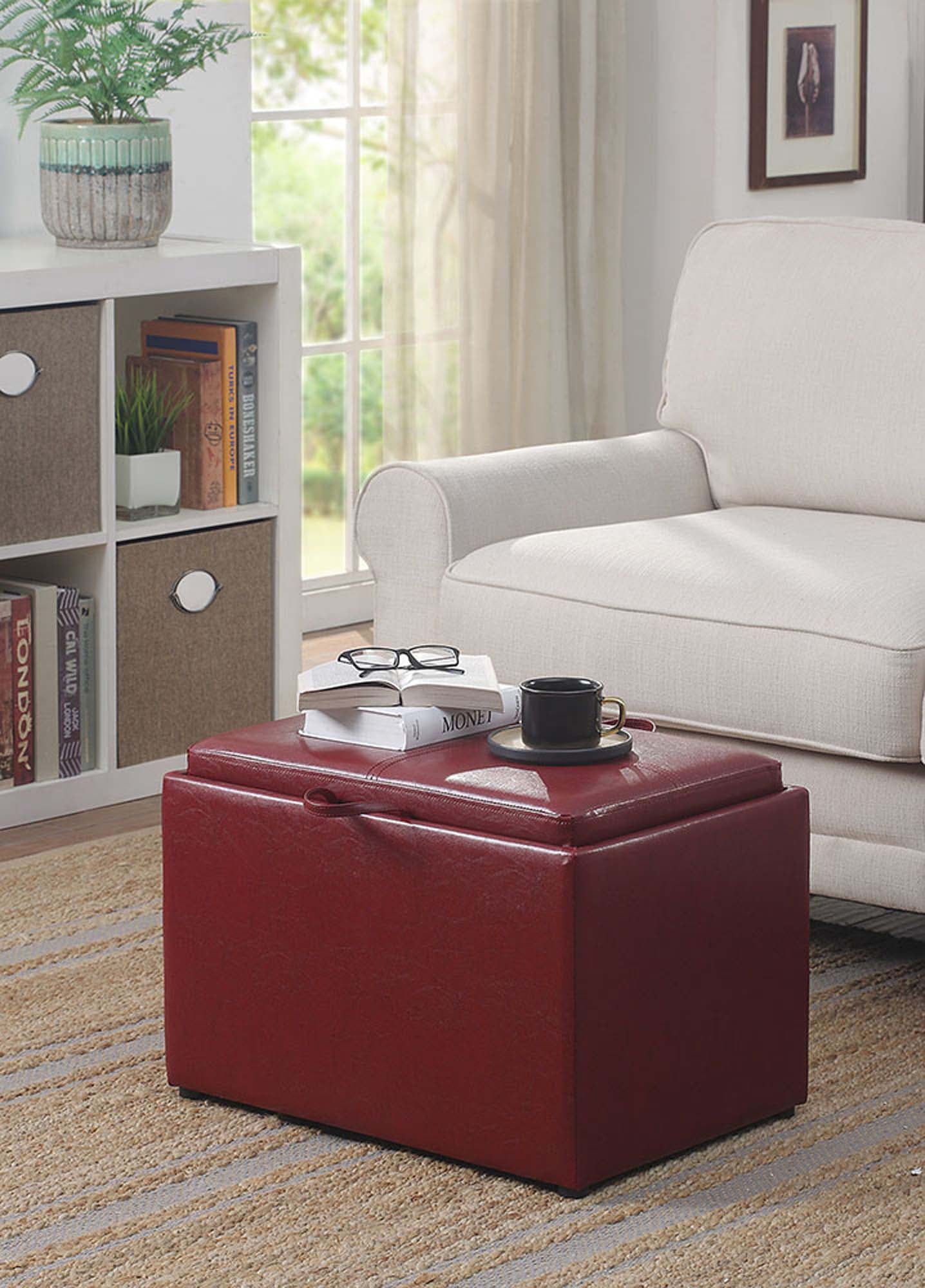 Burgundy Faux Leather 23" Modern Storage Ottoman with Tray