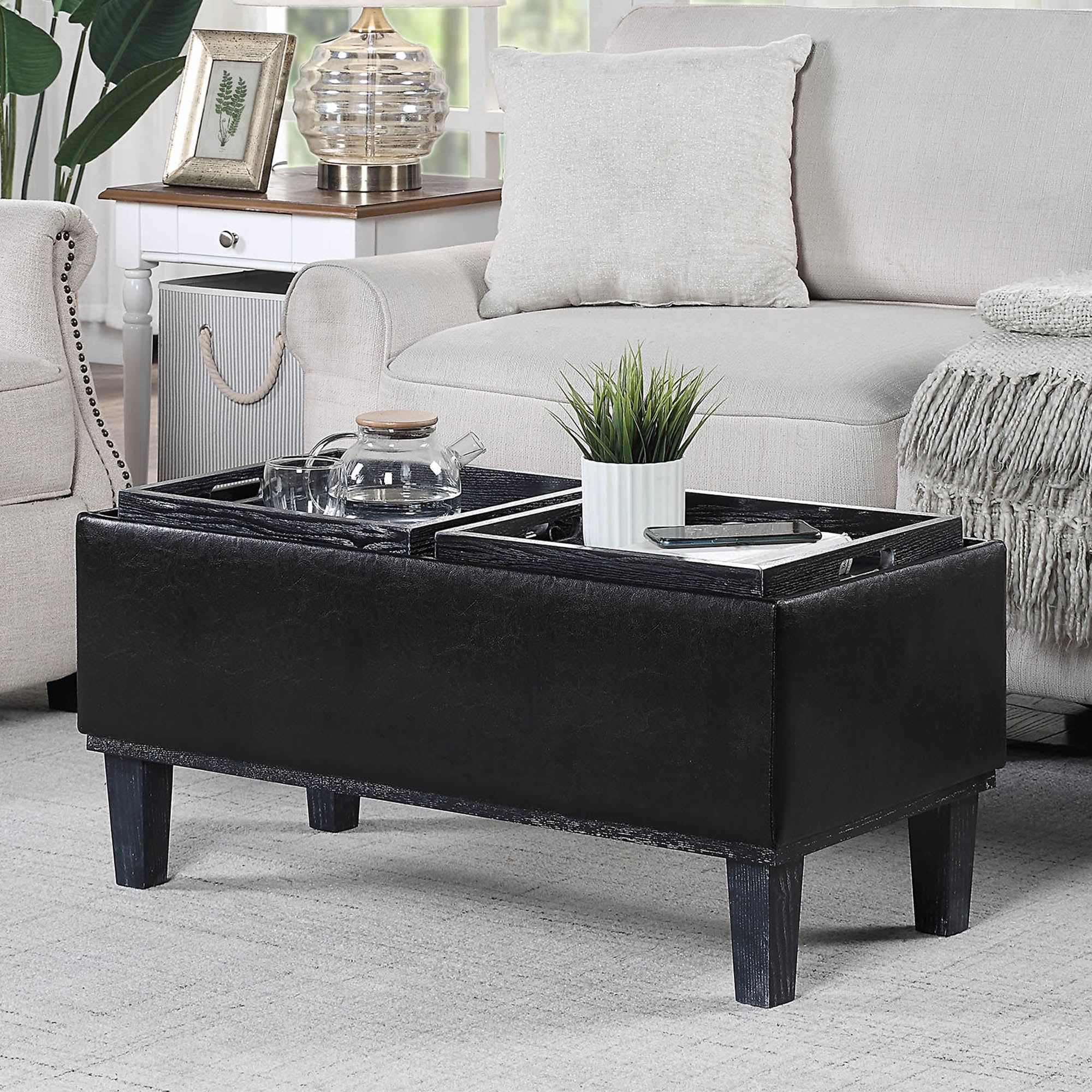 Brentwood Black Faux Leather Storage Ottoman with Reversible Trays