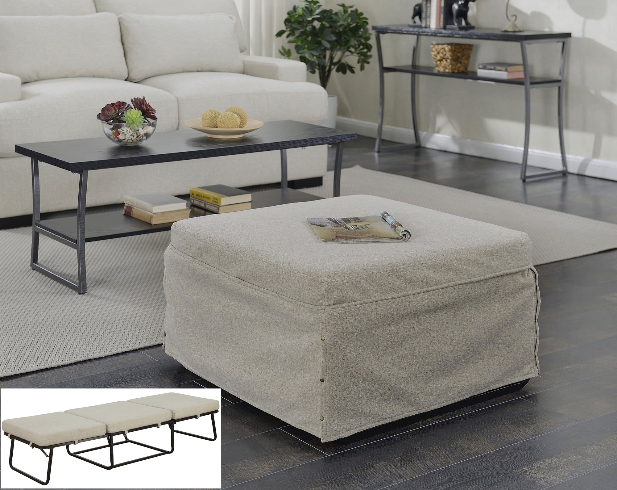 Soft Beige Fabric Folding Bed Ottoman with Metal Frame