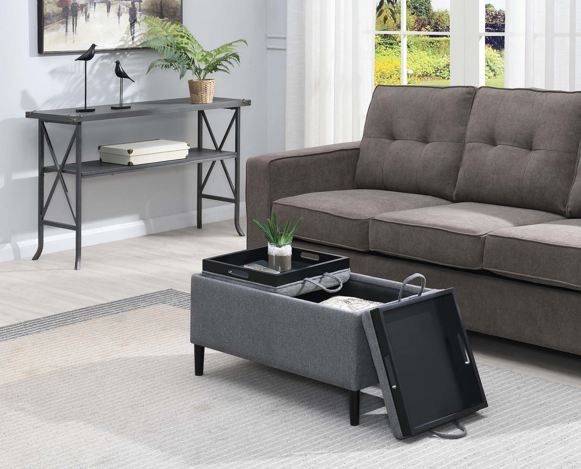 Soft Gray Fabric Storage Ottoman with Reversible Trays