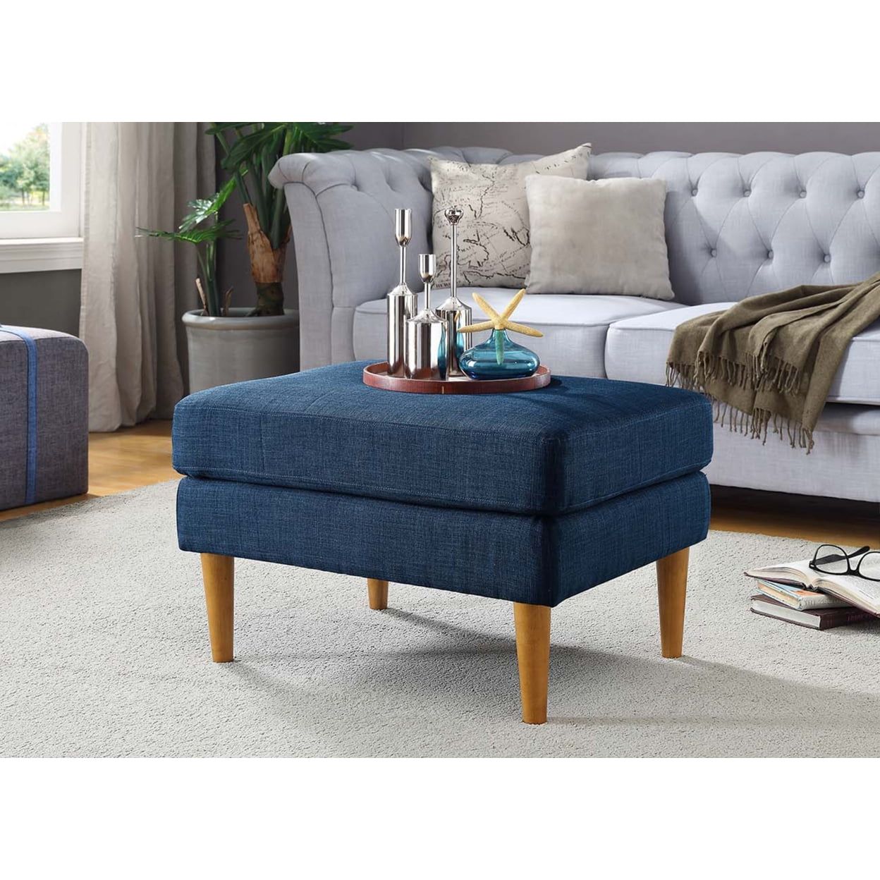 Marlow 27" Round Dark Blue Linen Mid-Century Ottoman