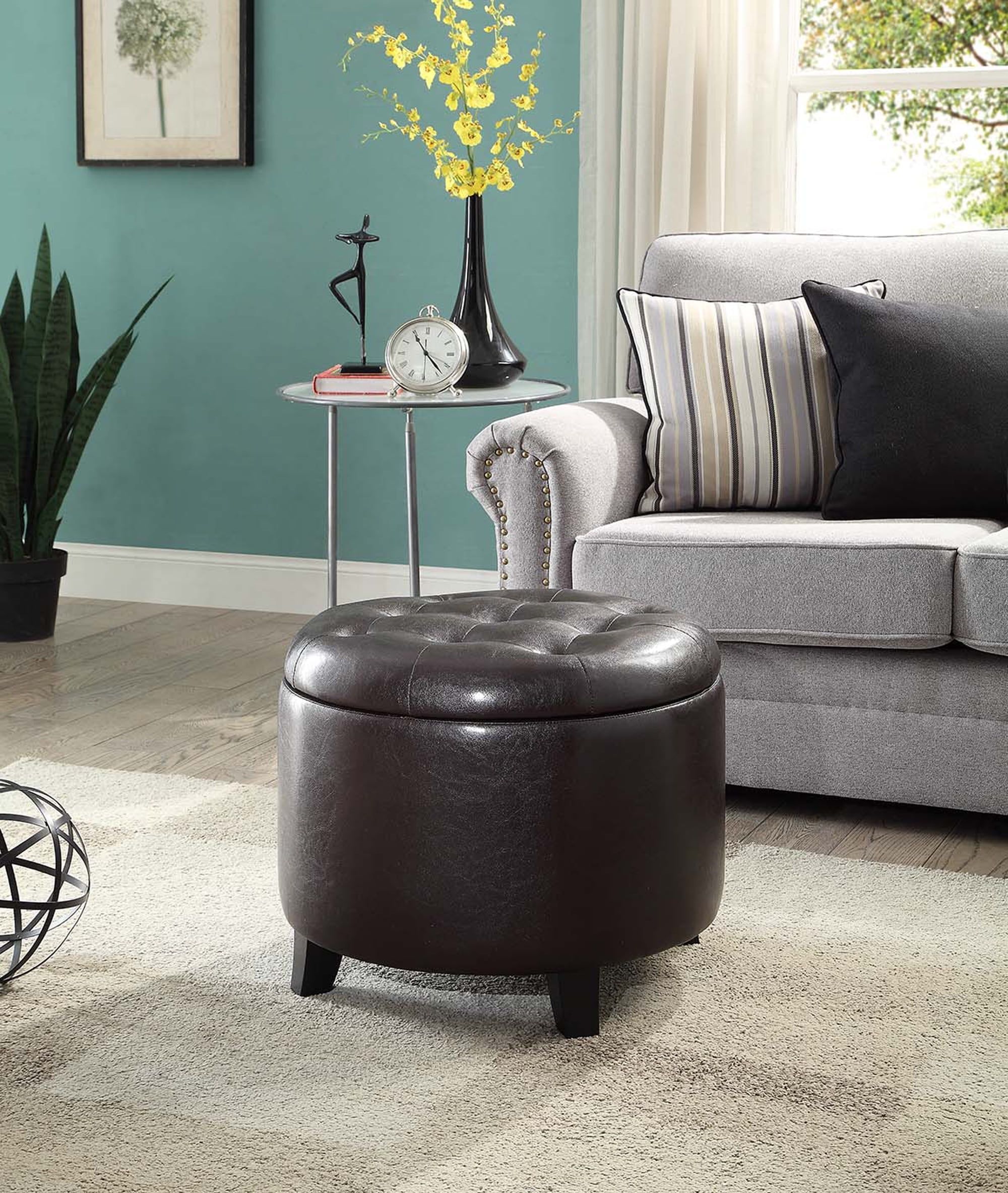 Espresso Faux Leather Tufted Round Storage Ottoman, 20"