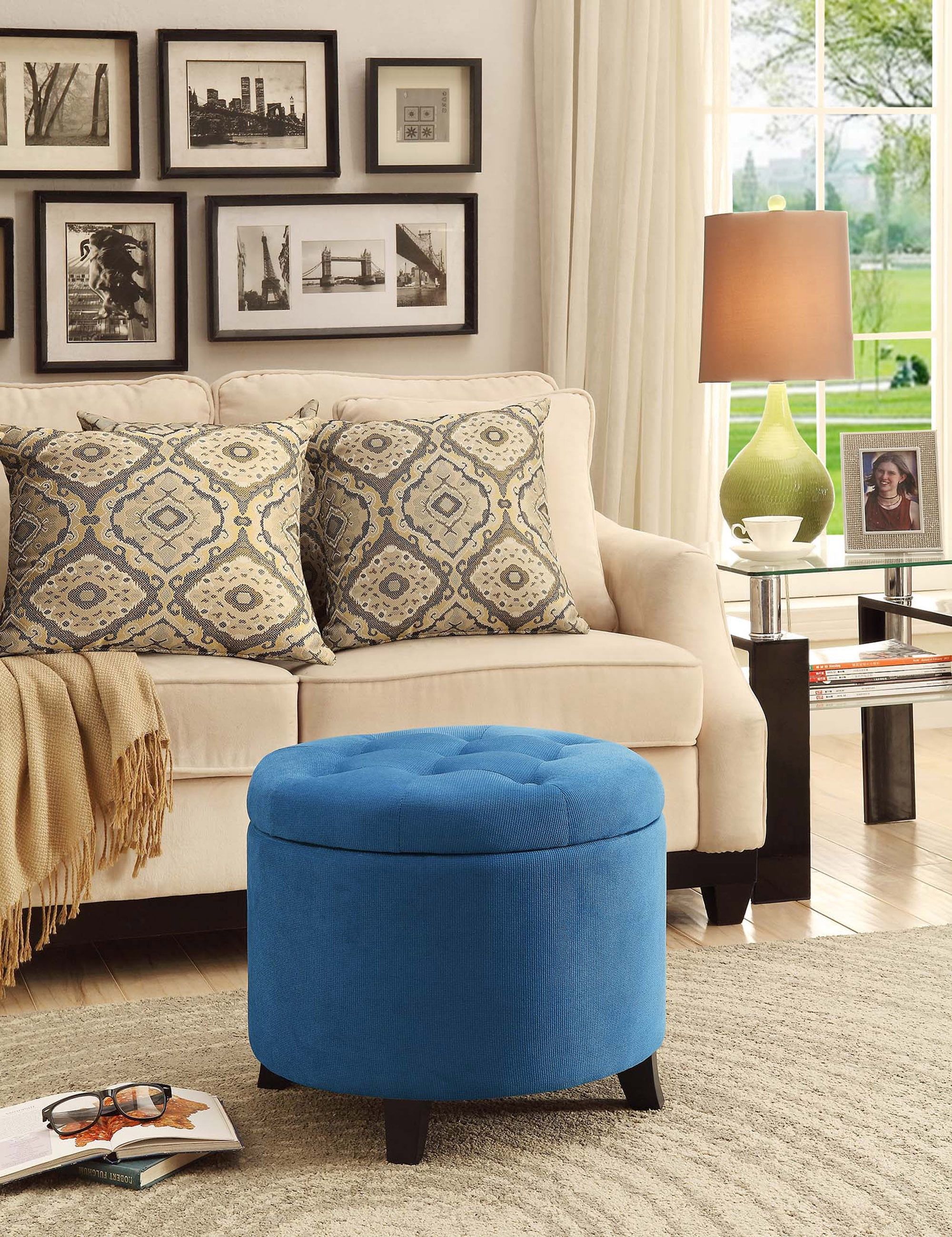 Tufted Round Blue Fabric Storage Ottoman - 20"x17"