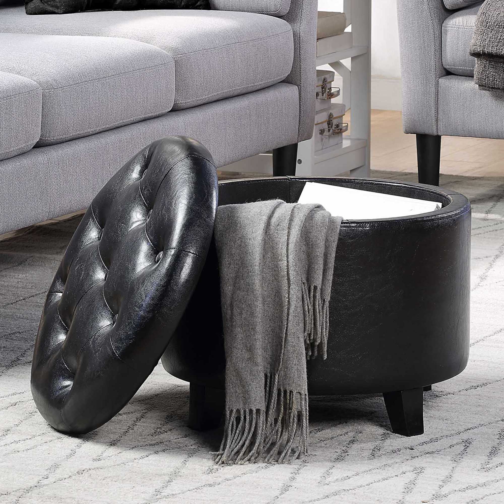 Elegant Traditional Black Faux Leather Round Storage Ottoman with Tufted Lid