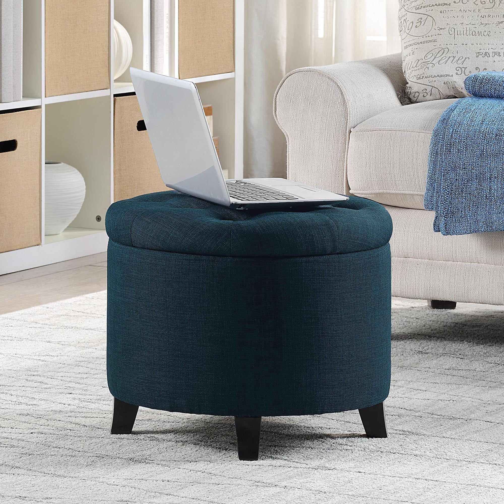 Tufted Luxe Dark Blue Round Storage Ottoman with Solid Rubberwood Legs