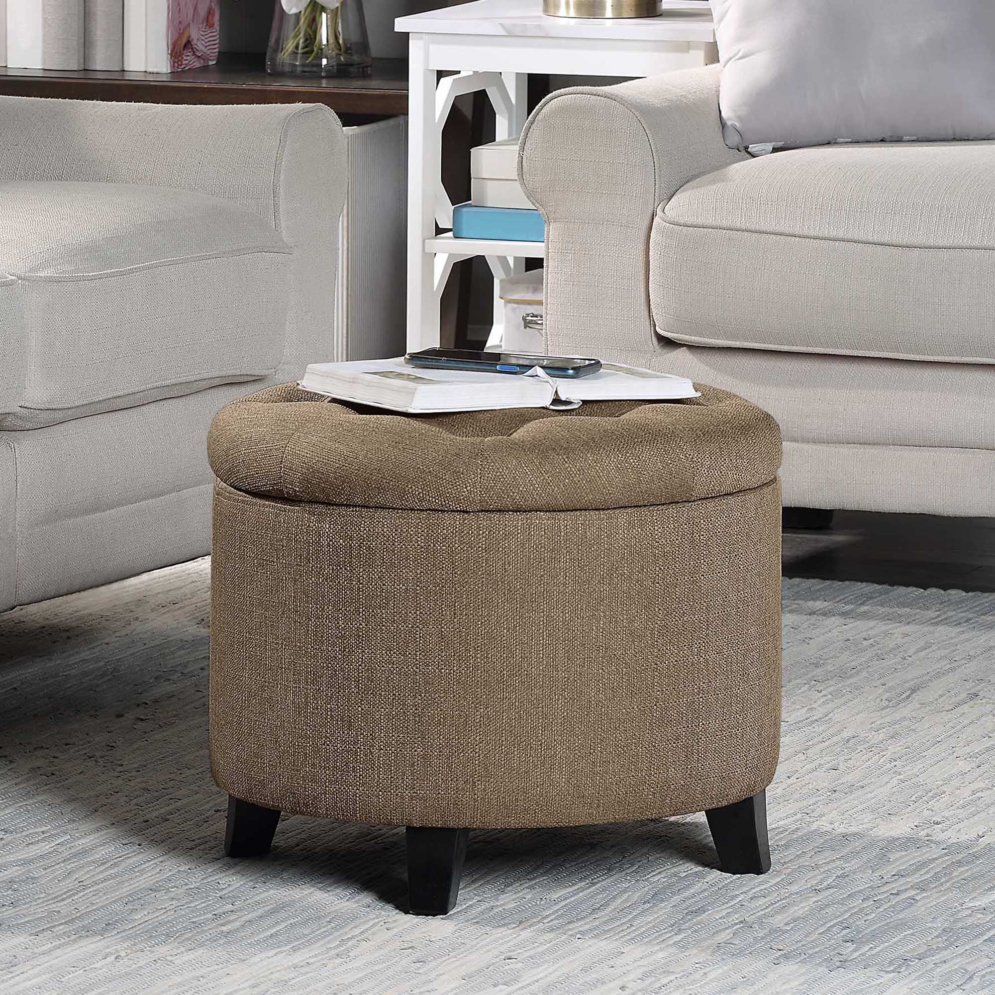 Sandstone Fabric Tufted Round Storage Ottoman with Solid Rubberwood Legs
