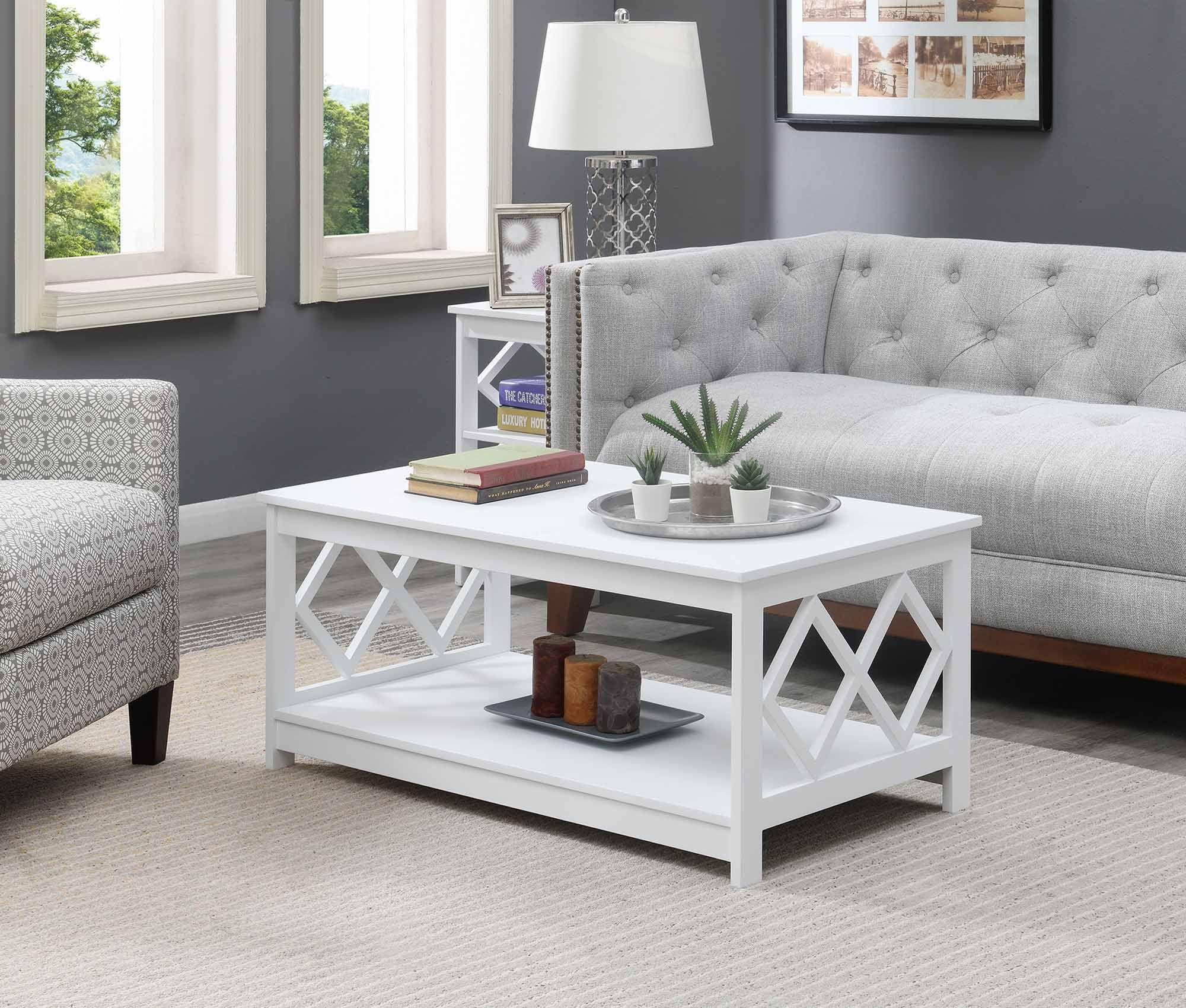 White 40" Diamond Cut-Out Wood Coffee Table with Shelf