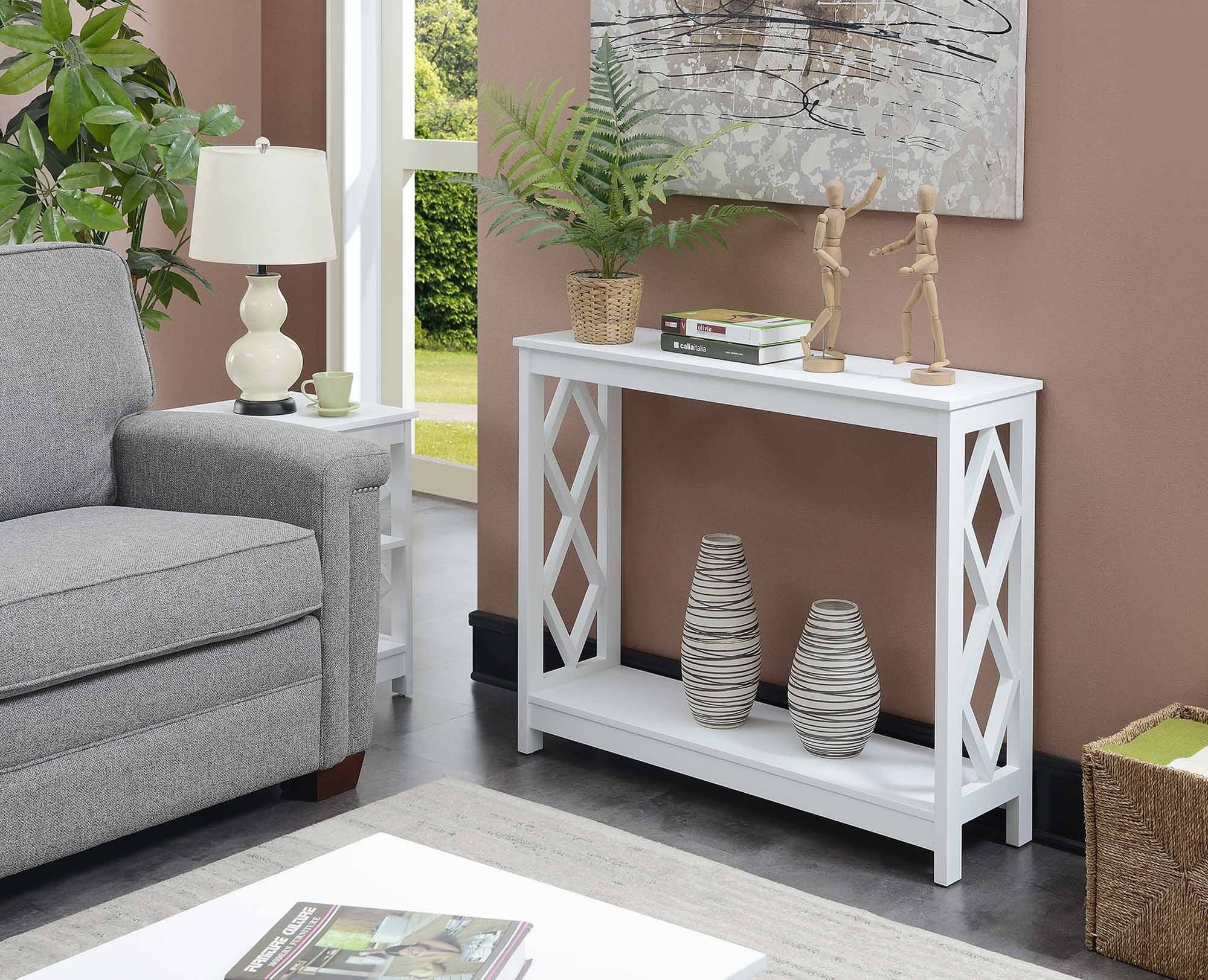 White Diamond Cut-Out Wood Console Table with Storage