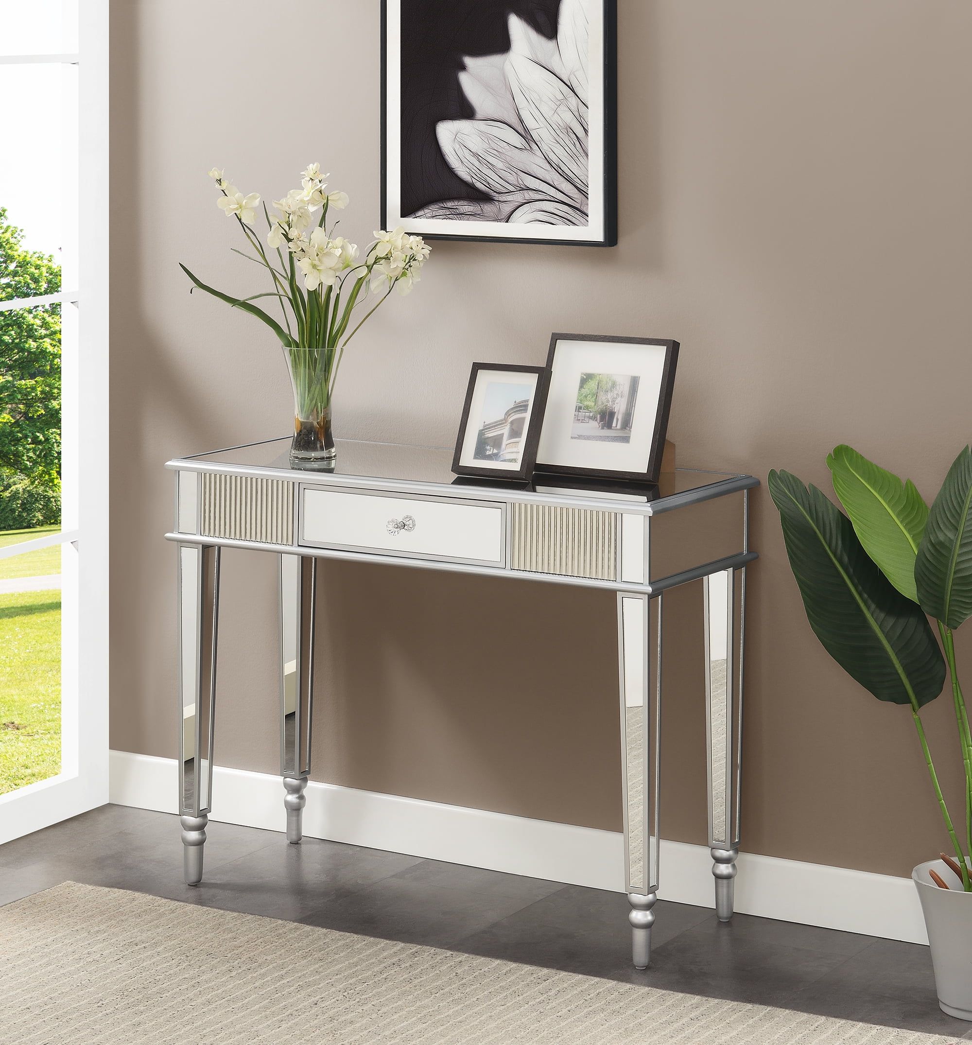 Elegant French Country Mirrored Desk with Silver Accents and Storage