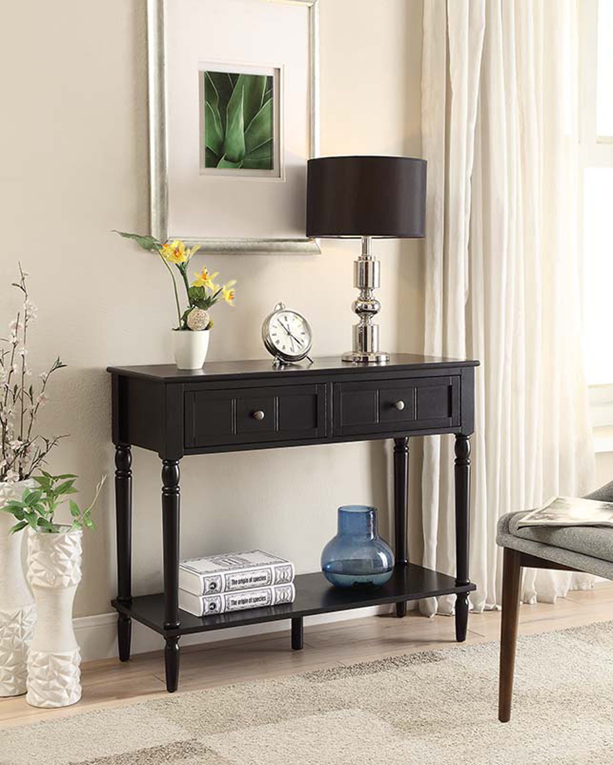 French Country Chic Black Wood Console Table with Storage Shelf