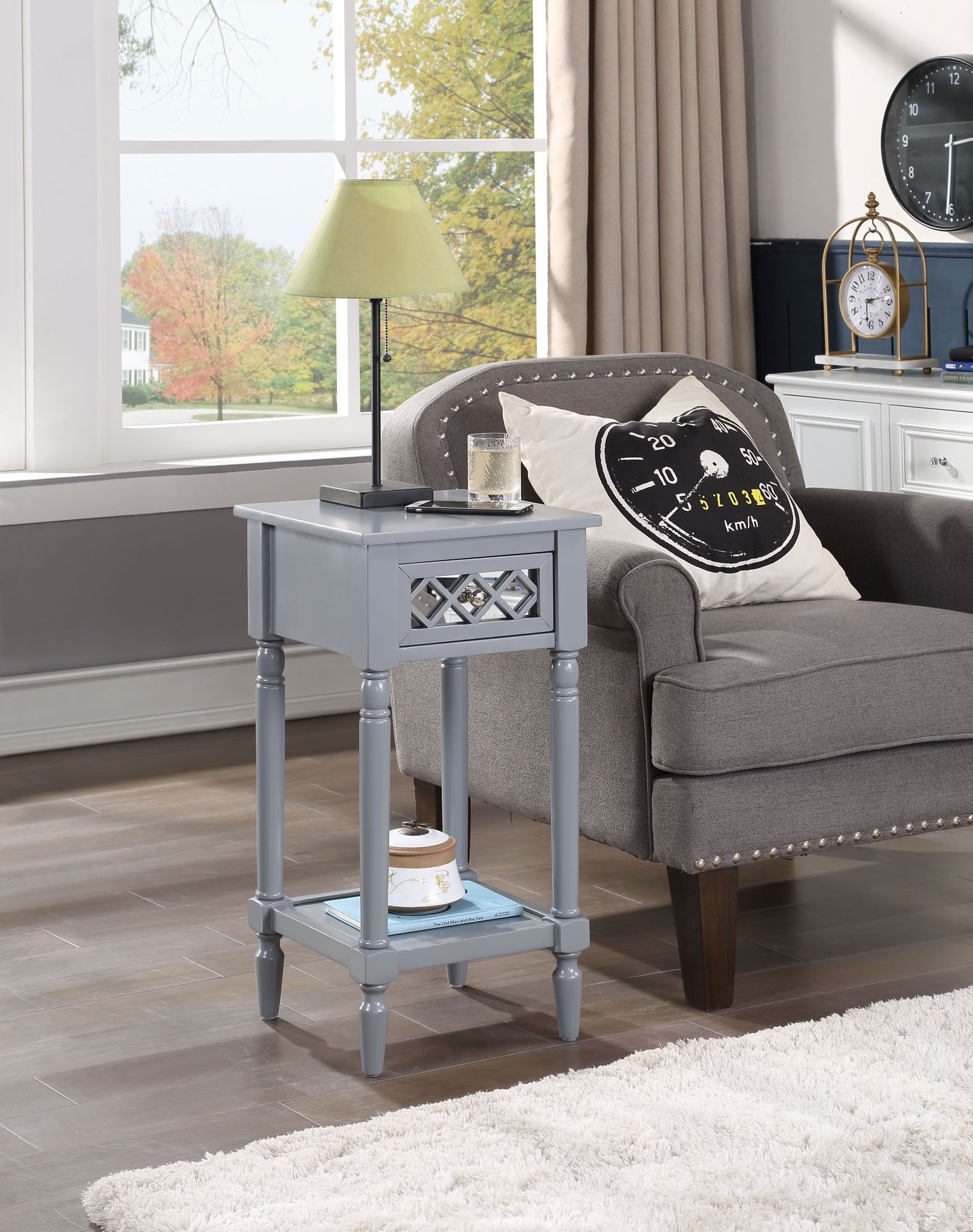 French Country Khloe Deluxe Gray Square Accent Table with Mirrored Drawer