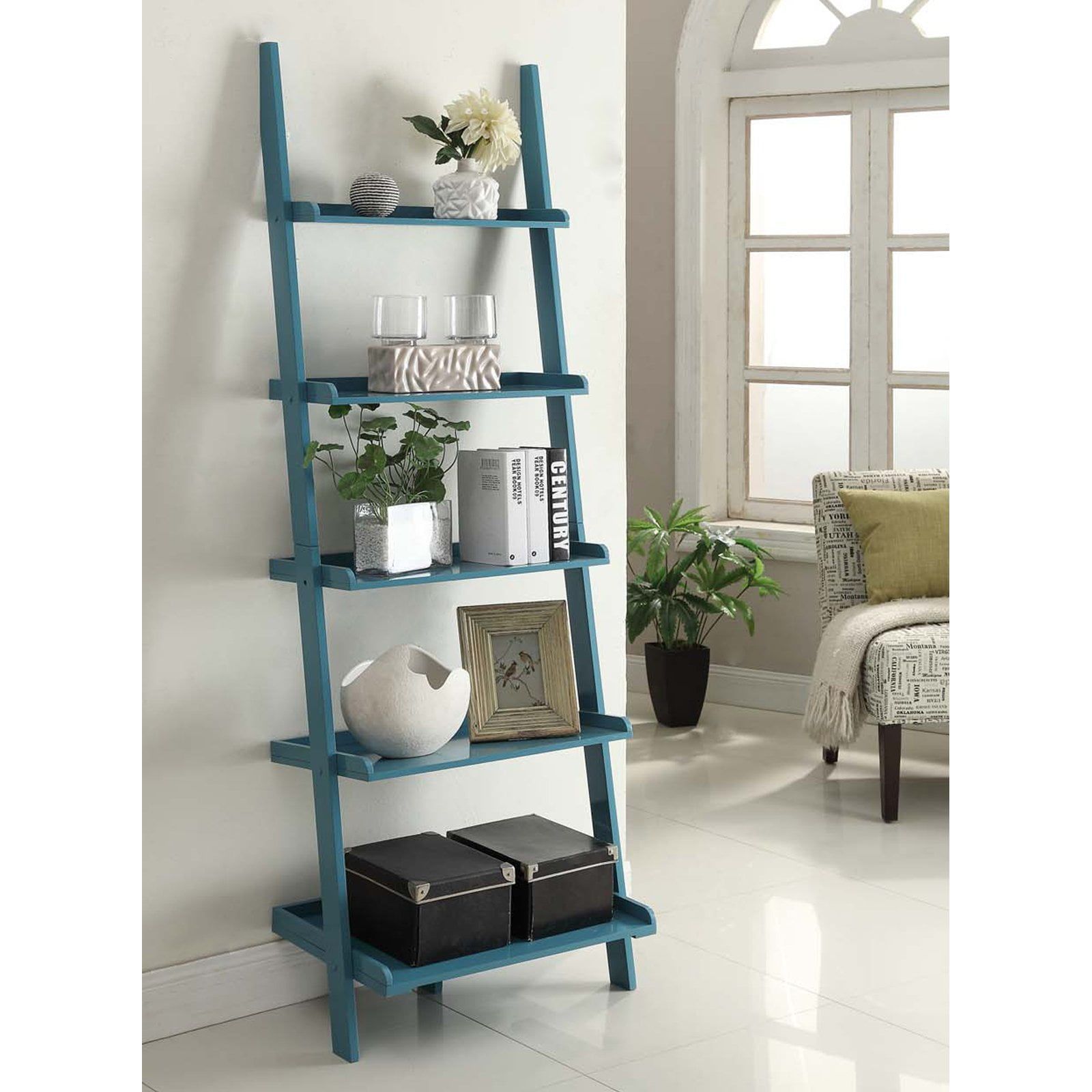 Blue Pine Wood 5-Tier Bookshelf Ladder