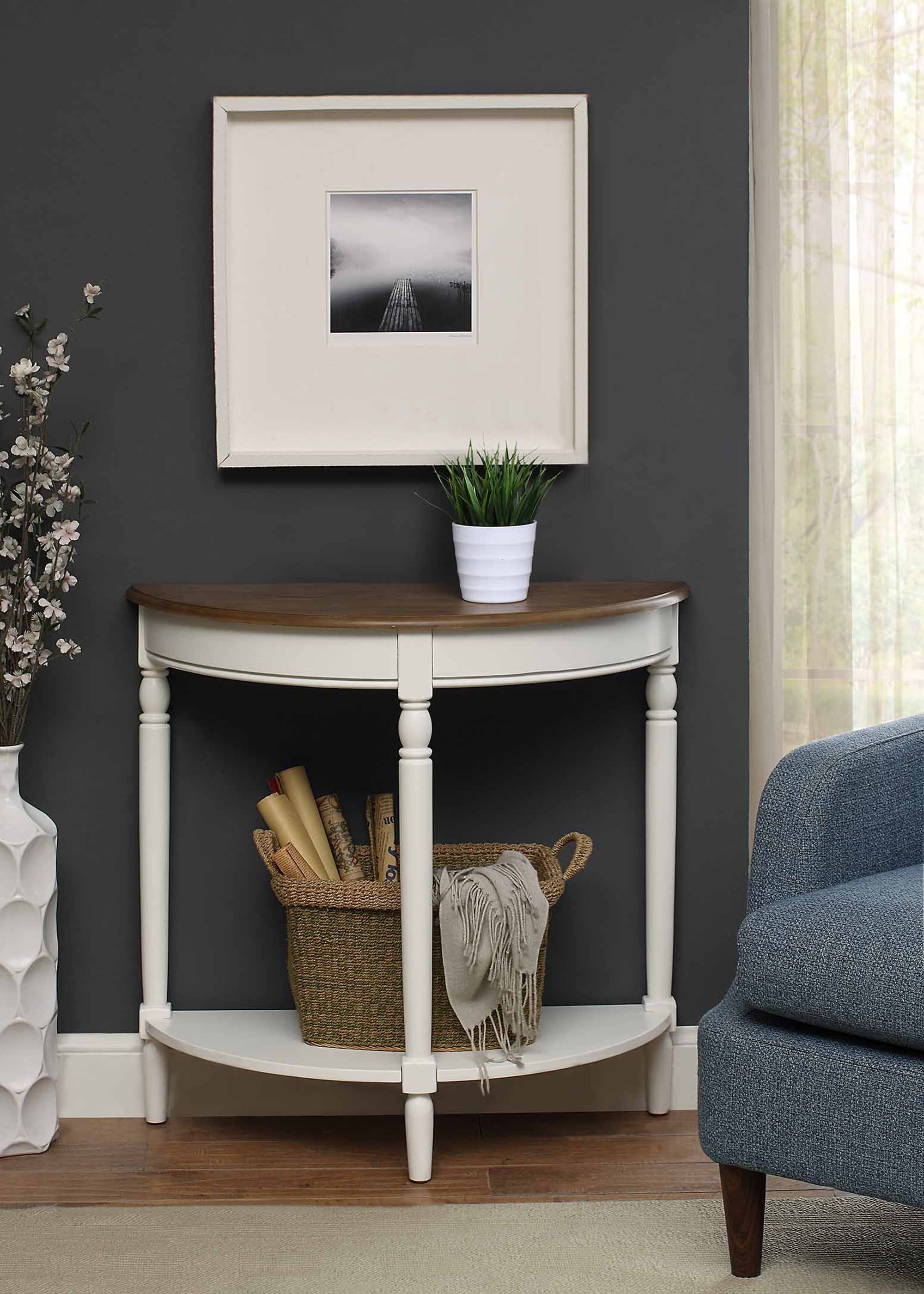 French Country Half-Round Driftwood & White Wood Entryway Table