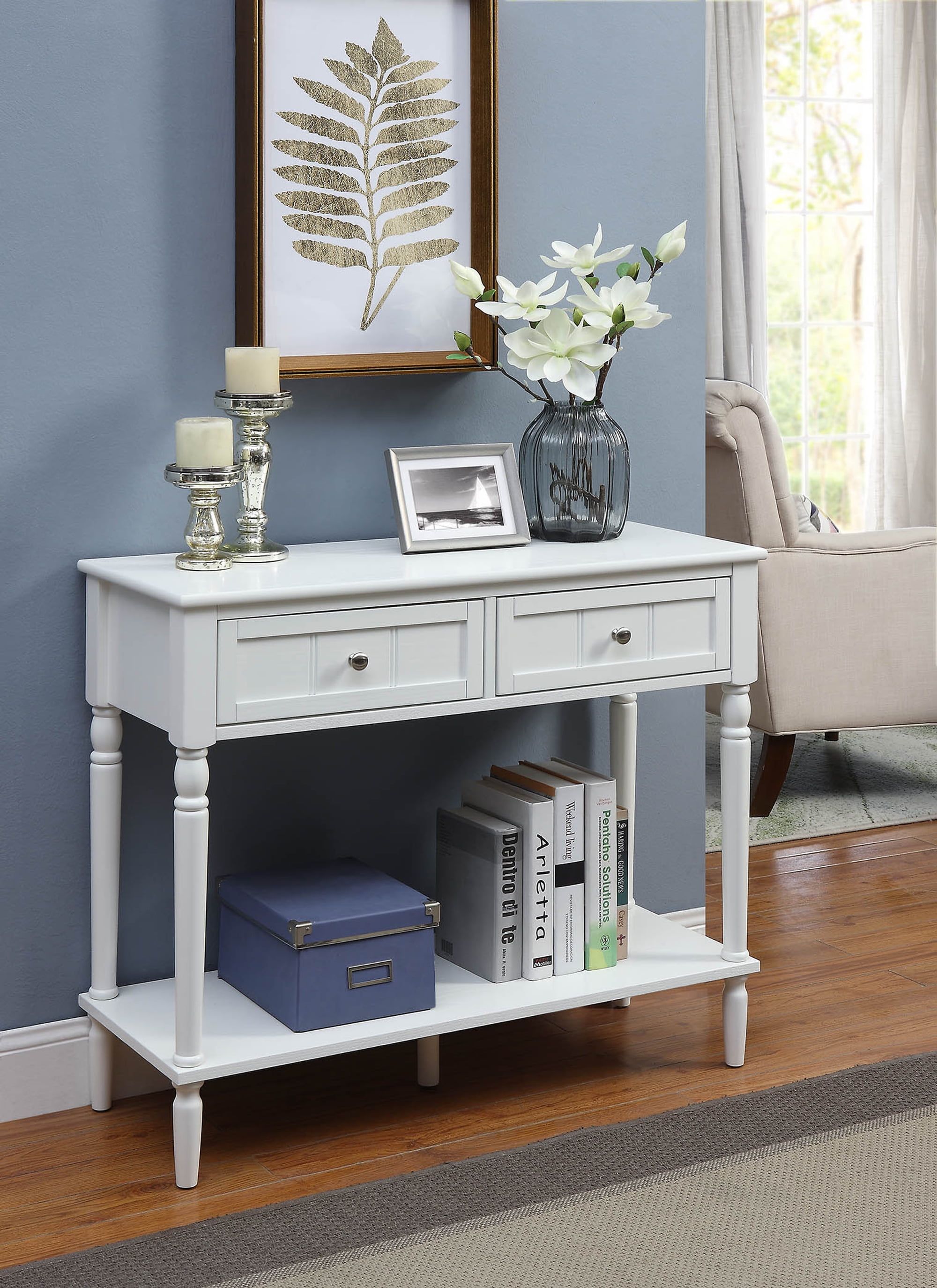 White Wood and Metal 2-Drawer Hall Table with Shelf