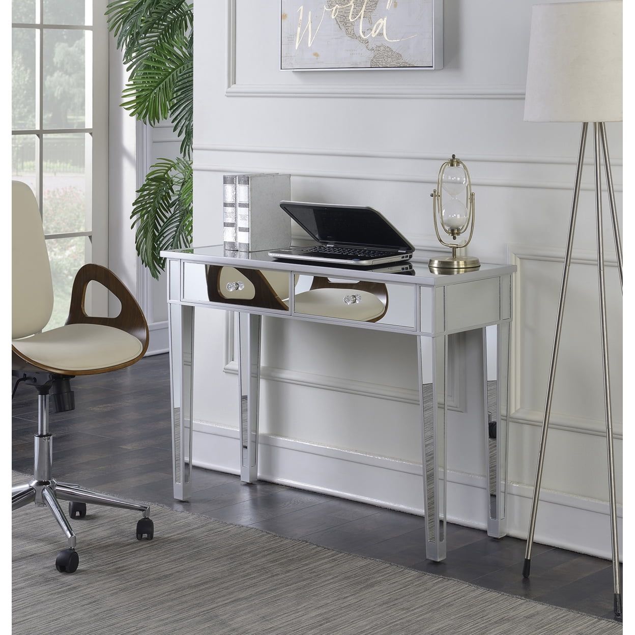 Silver Mirrored Wood Desk Console with Storage