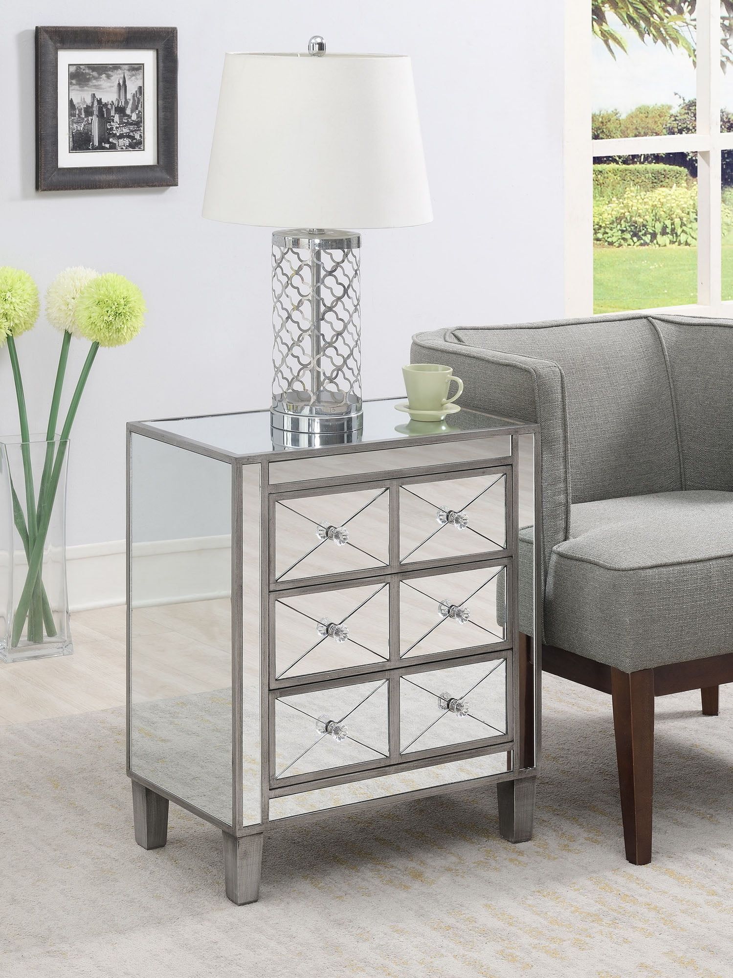 Elegant Antique Silver Mirrored End Table with Storage