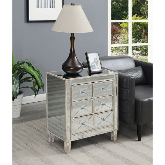 Weathered White Glam Mirrored 3-Drawer End Table