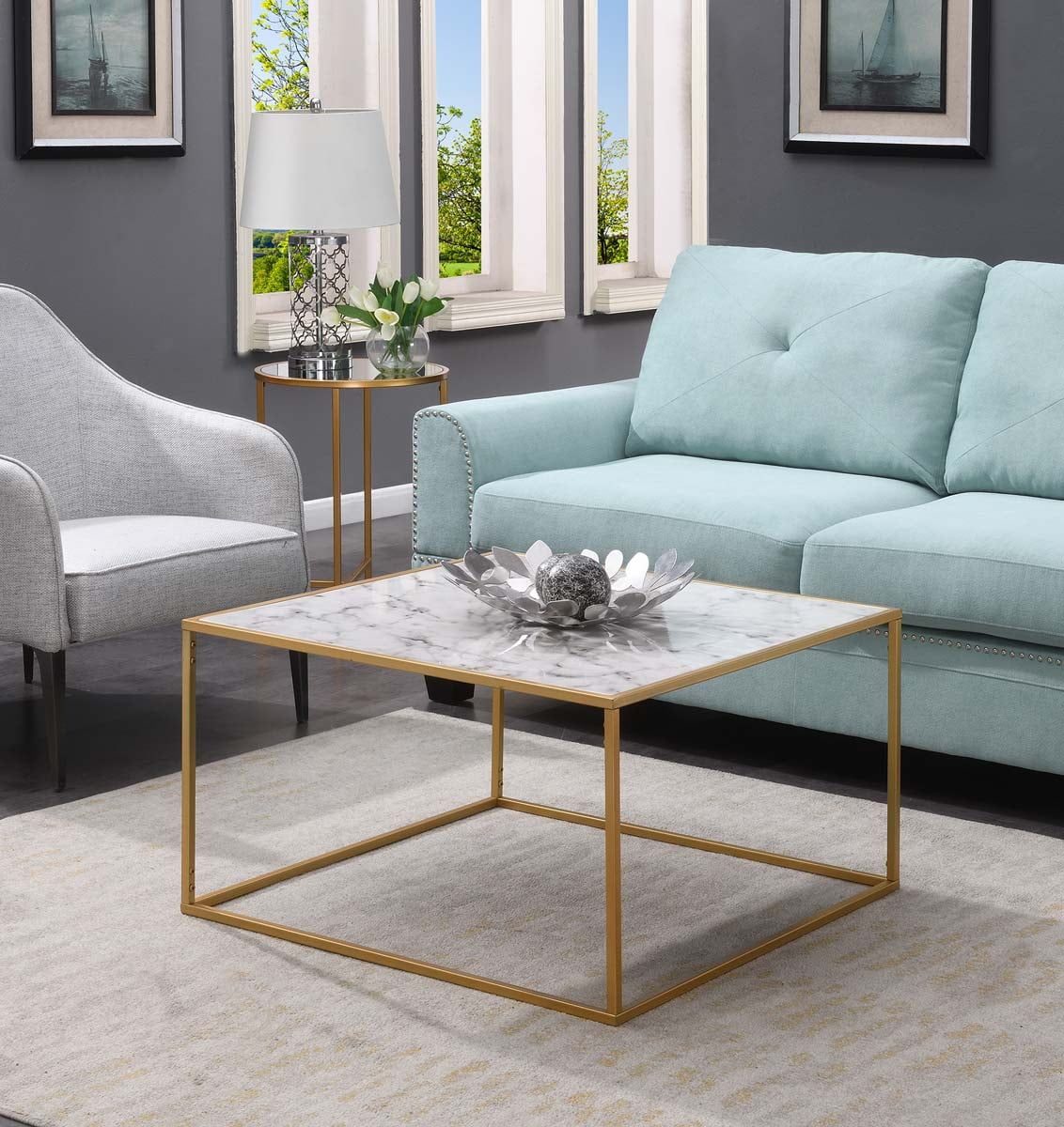 Gold and Faux Marble Square Coffee Table with Metal Frame