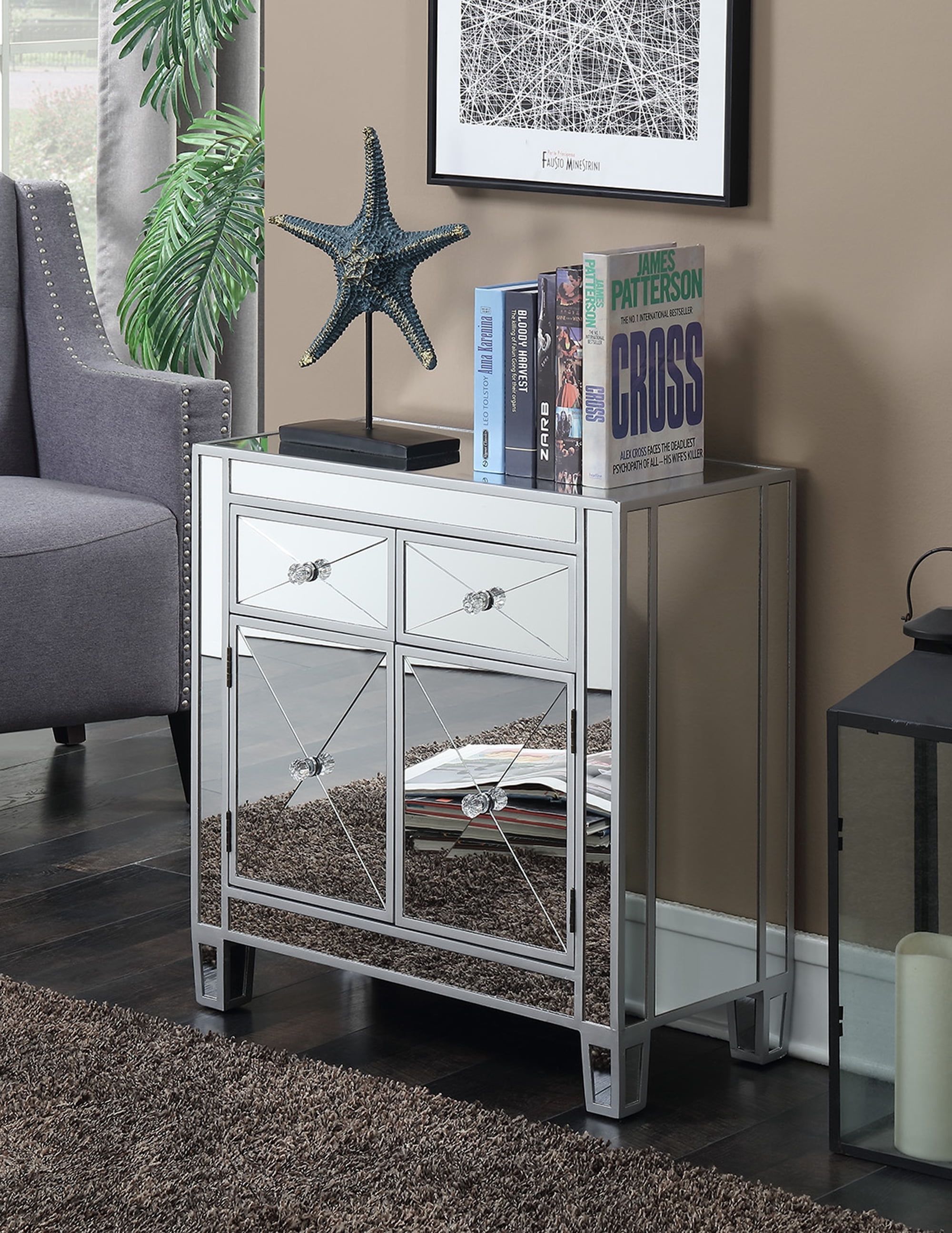 Silver Mirrored 2-Drawer Hall Table with Faux Crystal Knobs