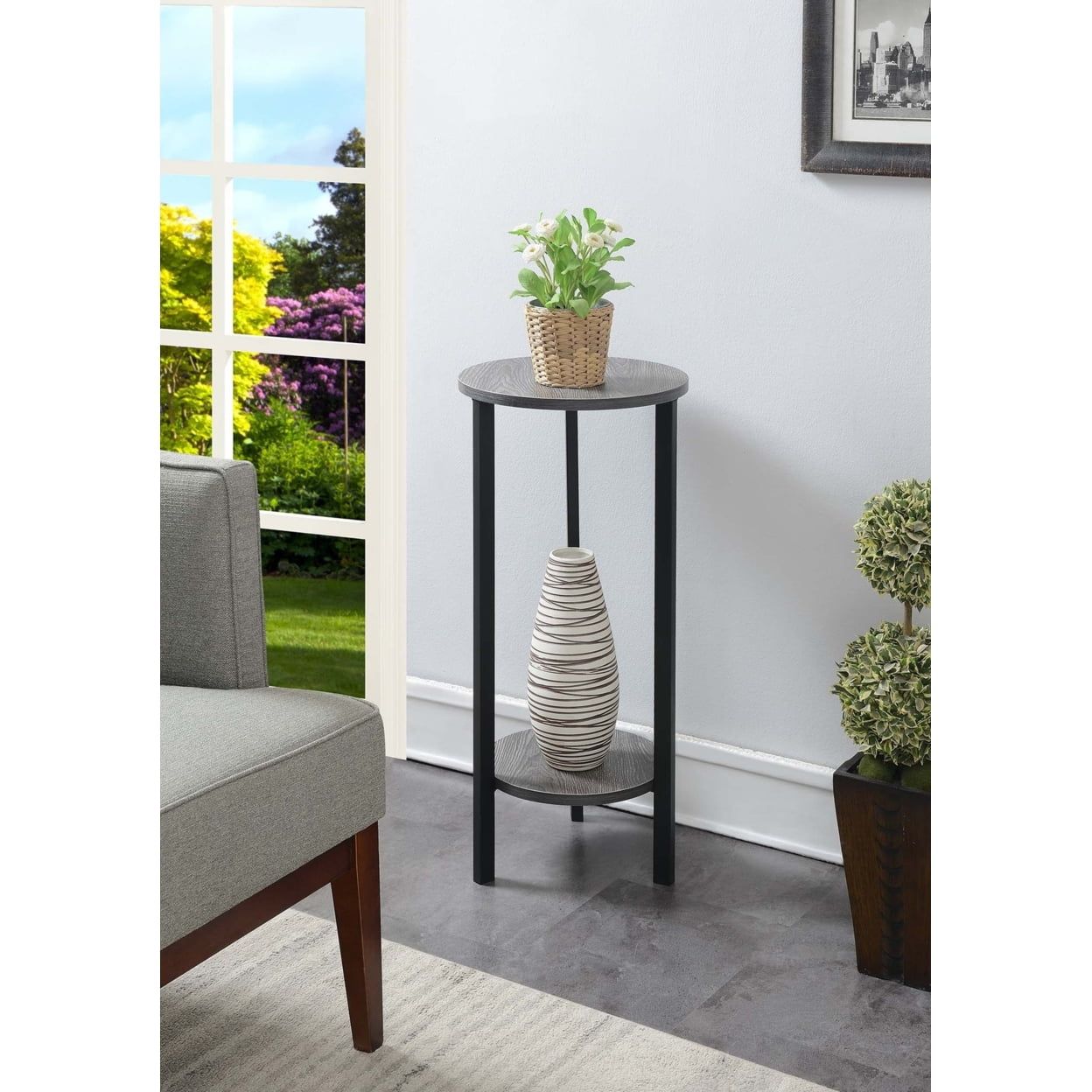 Graystone 31" Black Metal and Gray Wood 2-Tier Plant Stand