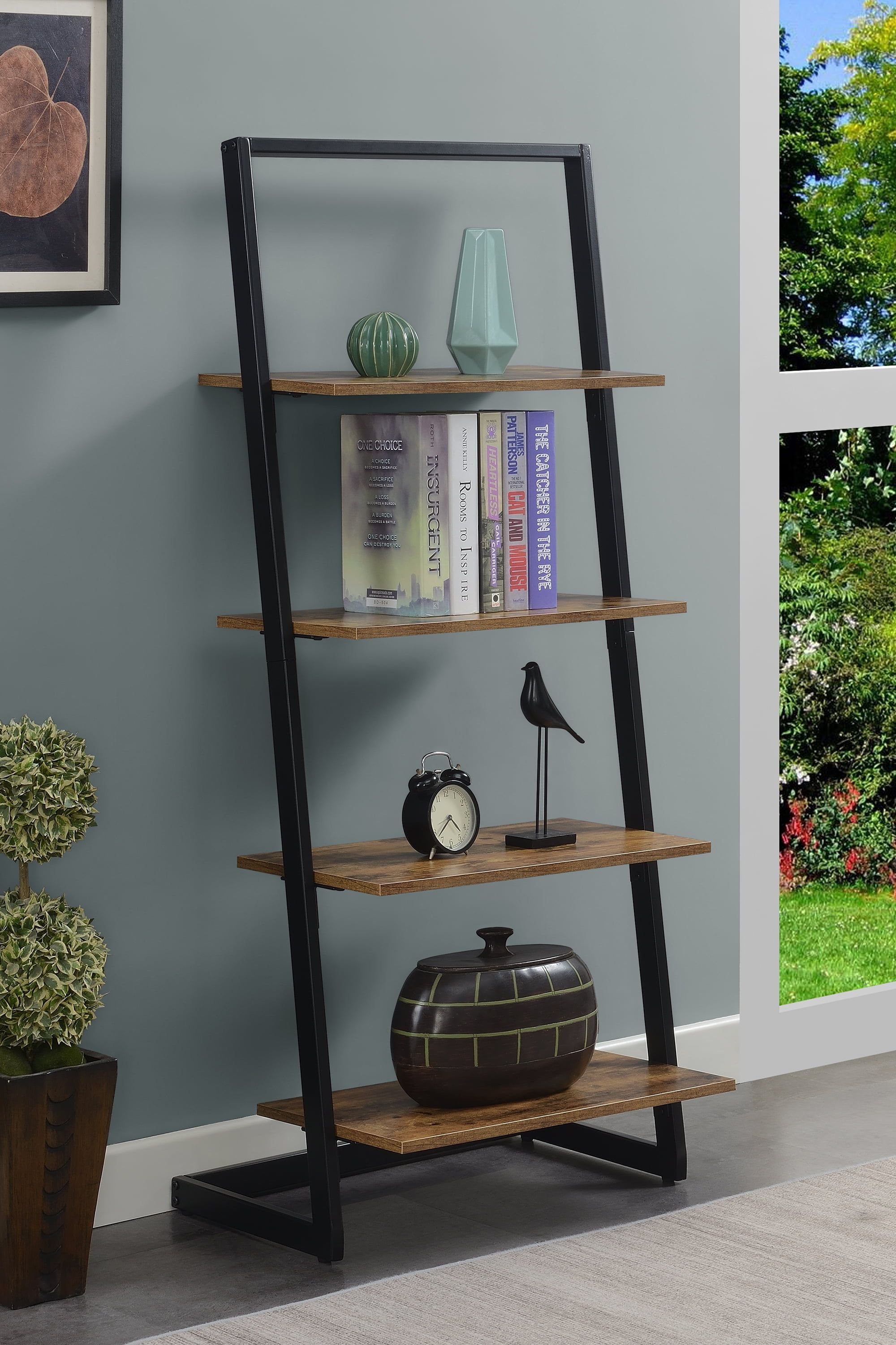 Barnwood and Black 4-Tier Ladder Bookshelf