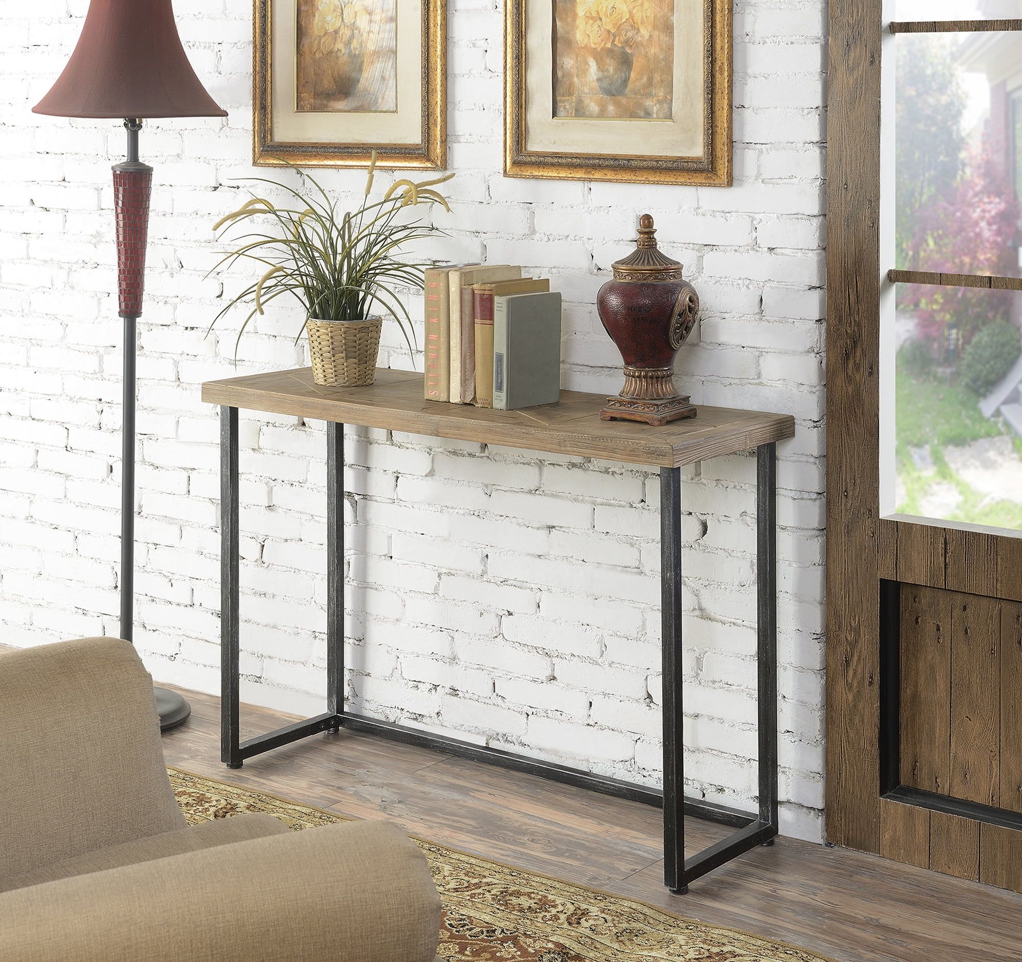 Natural Fir Wood and Black Metal Console Table with Storage