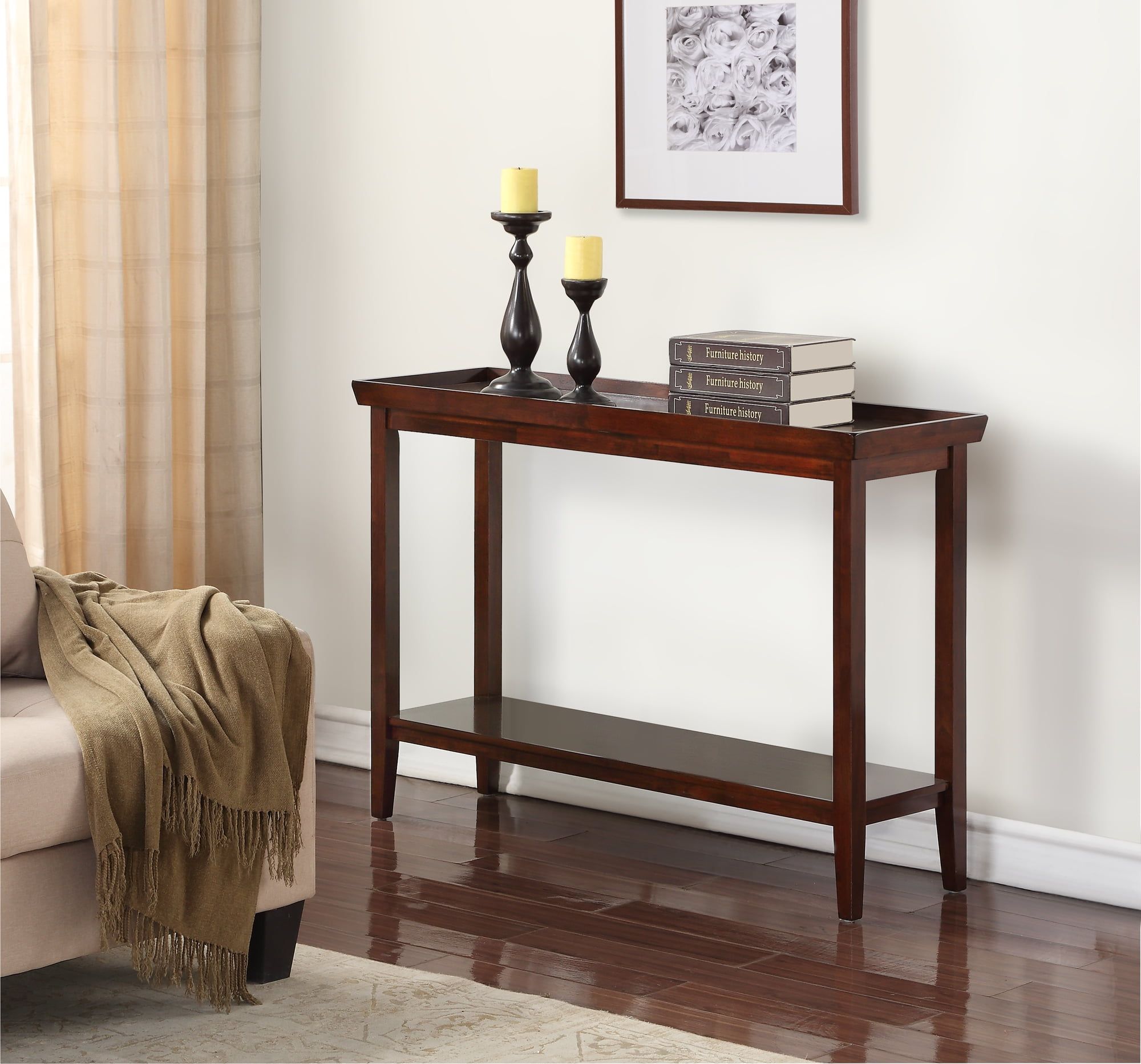 Espresso Rubberwood Console Table with Storage Shelf