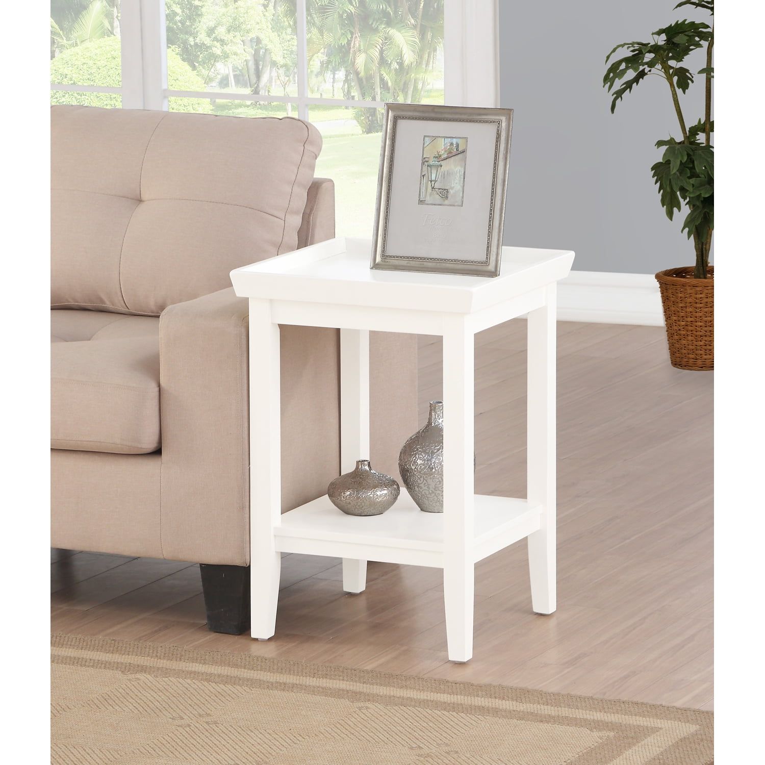 White Rubberwood End Table with Shelf and Raised Edges