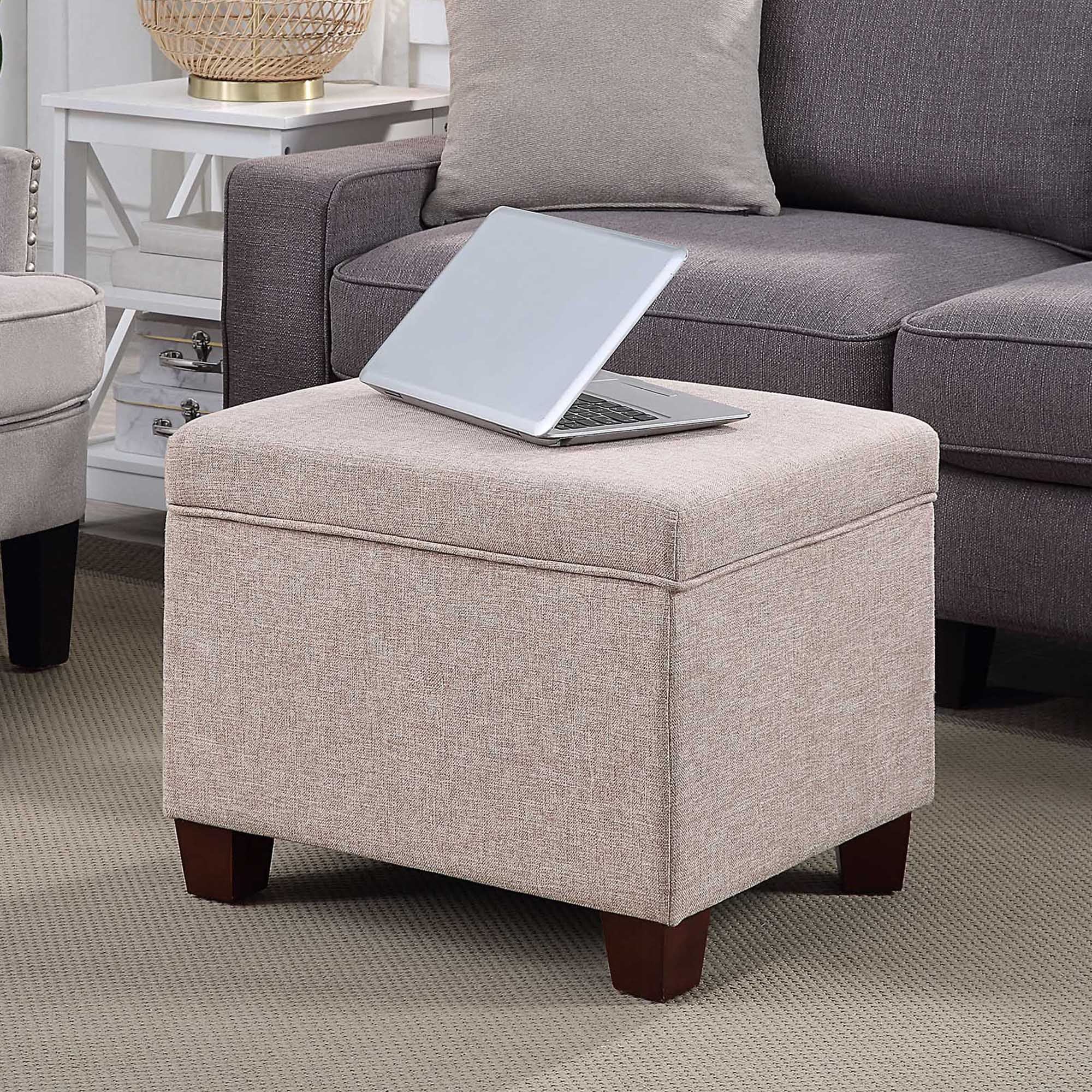 Madison Tan Fabric Storage Ottoman with Solid Wood Feet