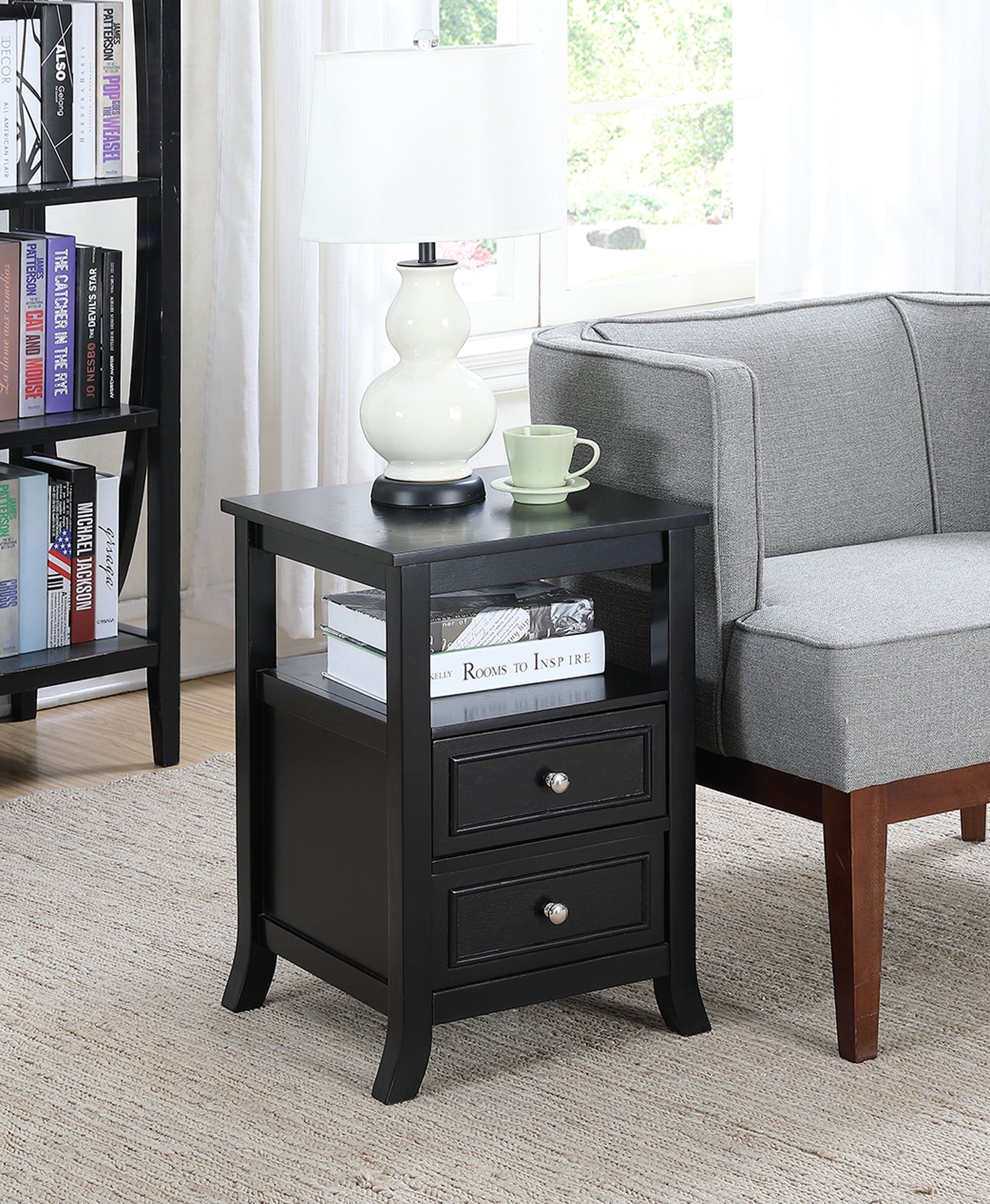 Black Wood End Table with Storage Drawers and Shelf