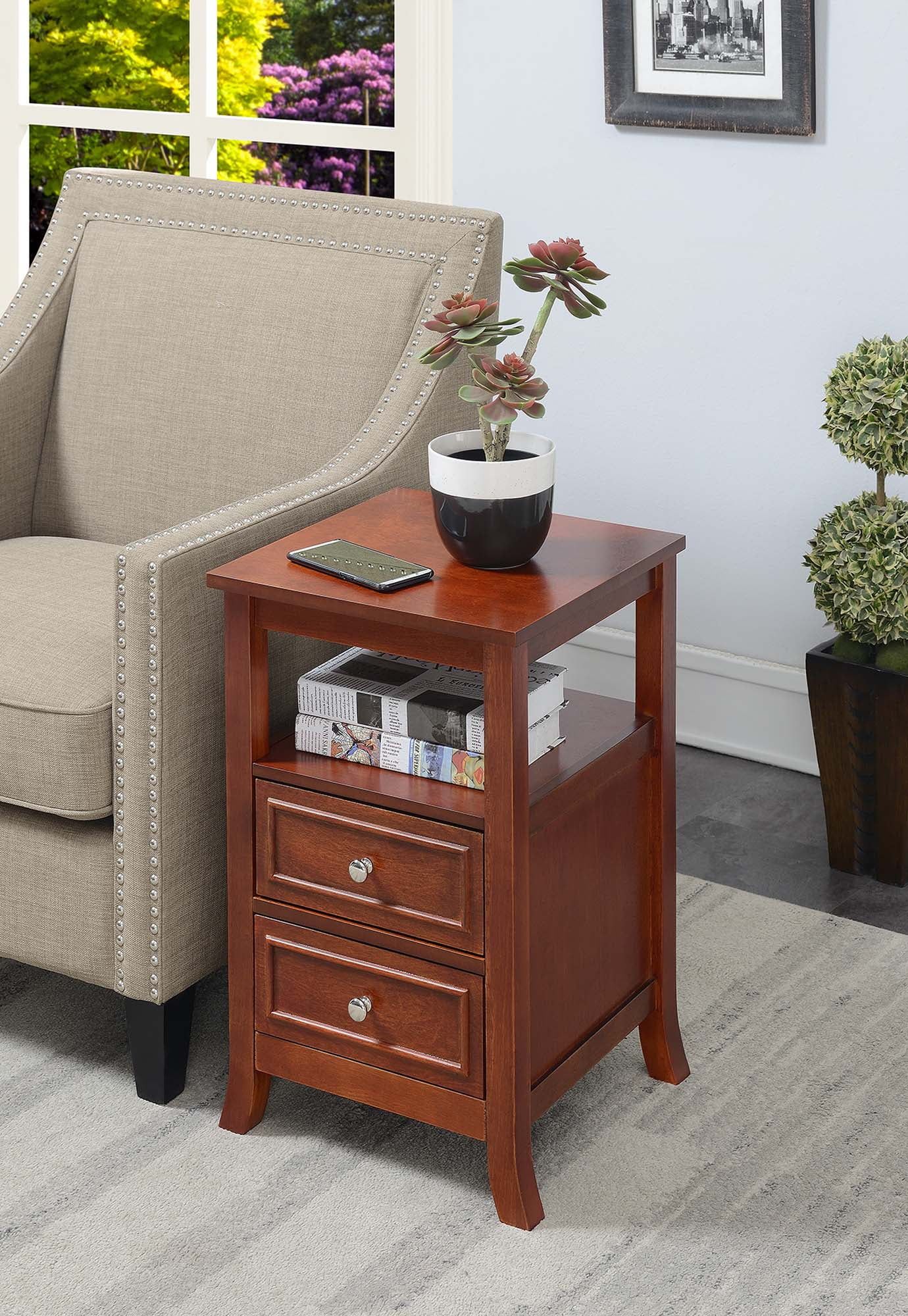 Mahogany Wood End Table with Storage Drawers and Shelf