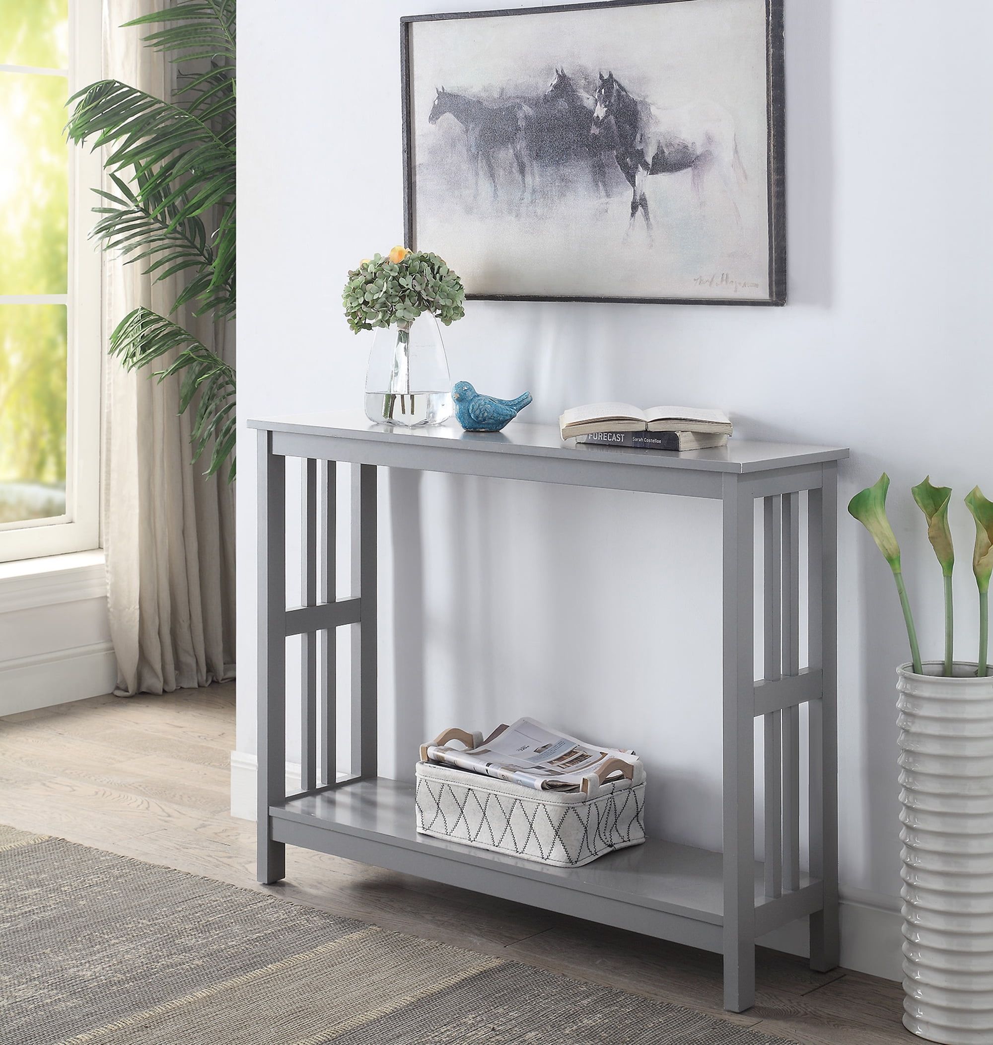 Elegant Gray Mission-Inspired Console Table with Glass Overlay and Storage Shelf