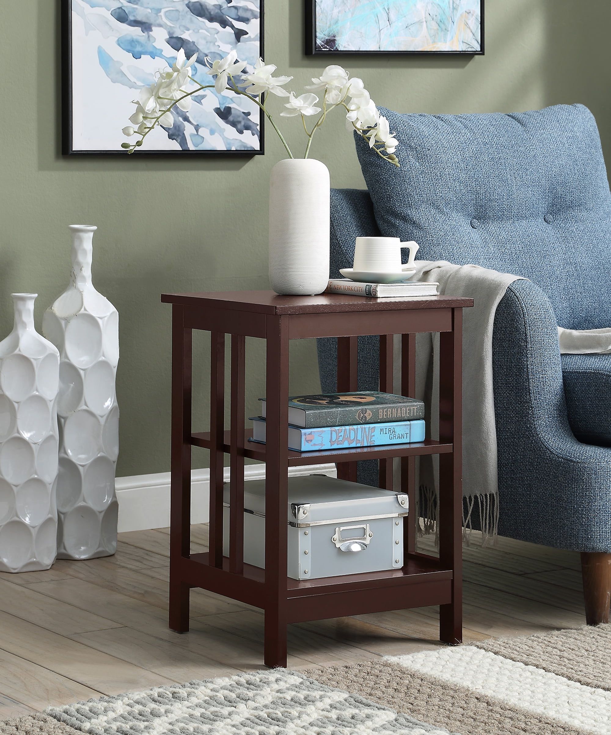 Espresso 24" Rectangular Wood End Table with Shelves