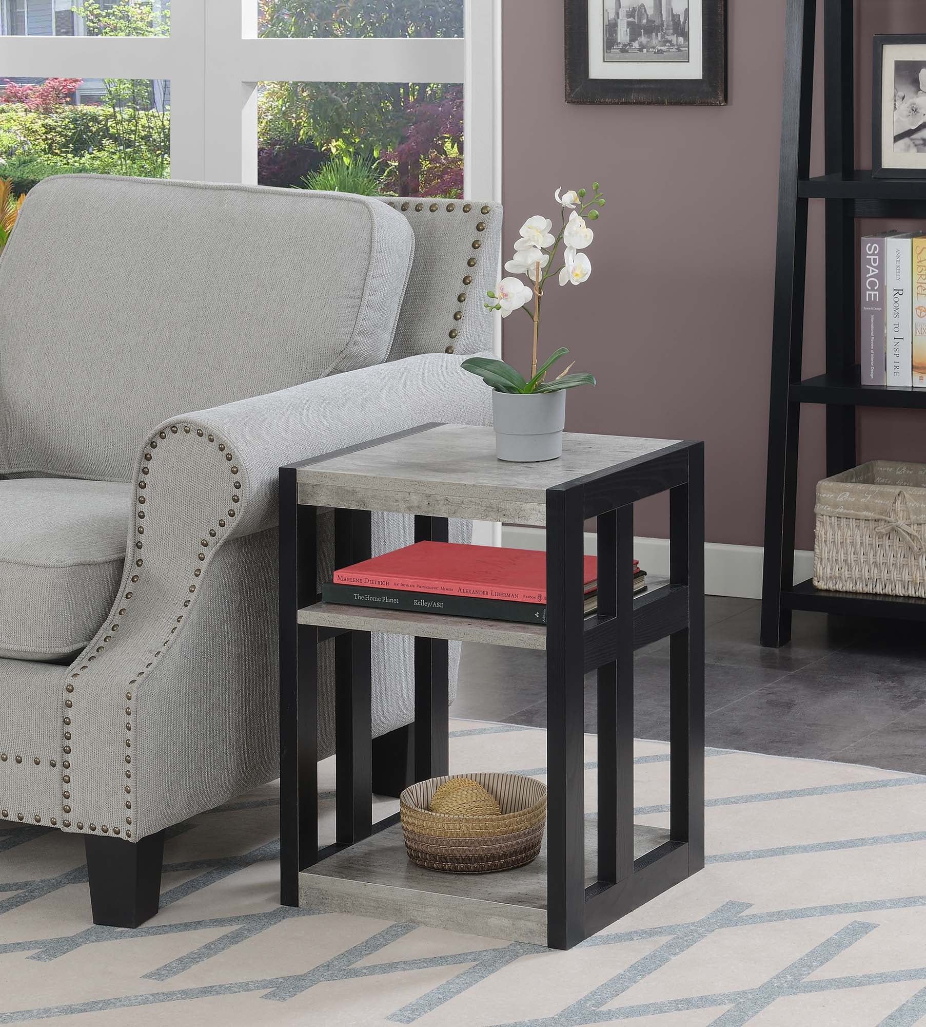 Faux Birch and Black 3-Tier End Table with Shelves