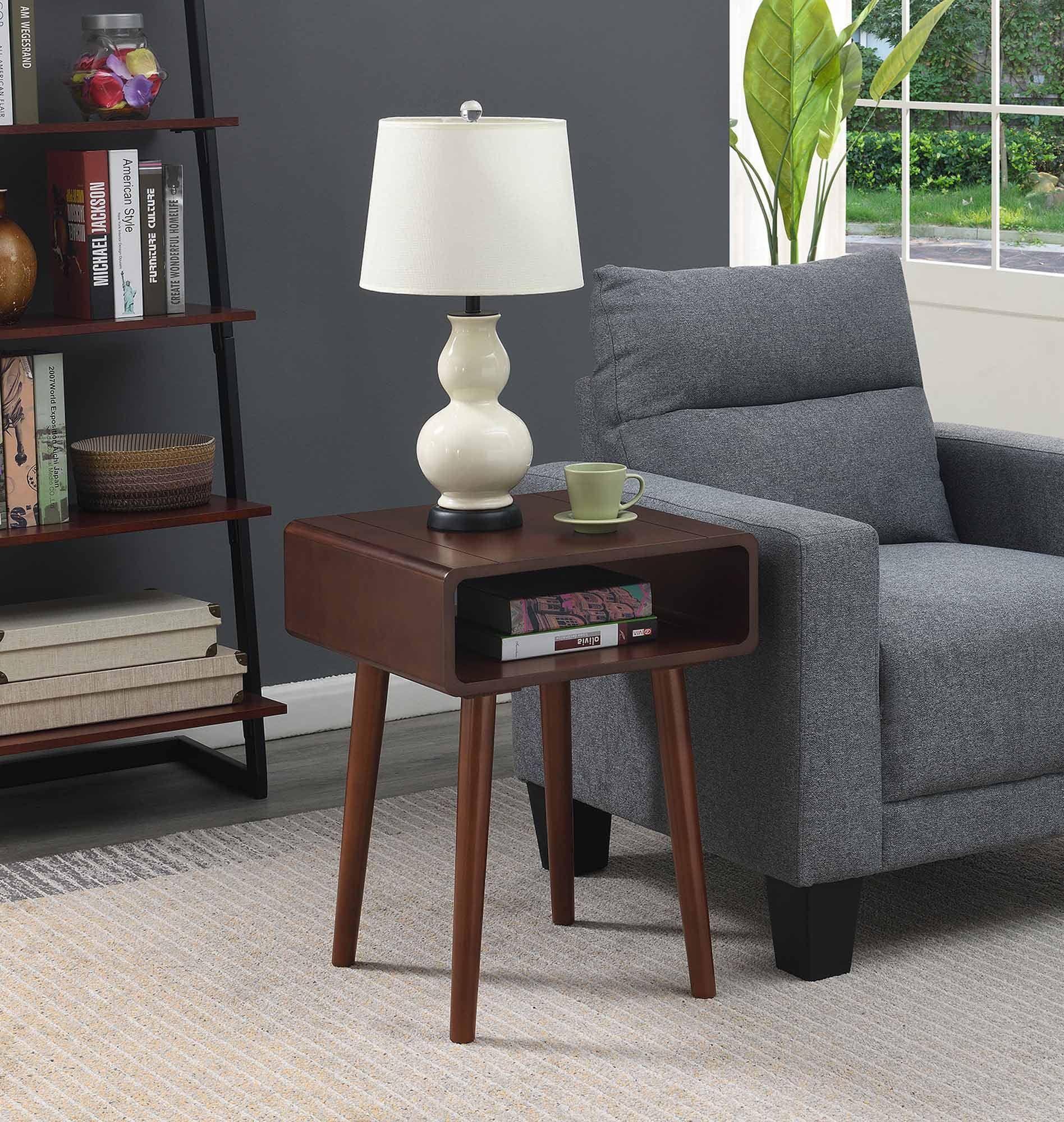 Espresso Birch and Poplar Mid-Century Rectangular End Table with Shelf